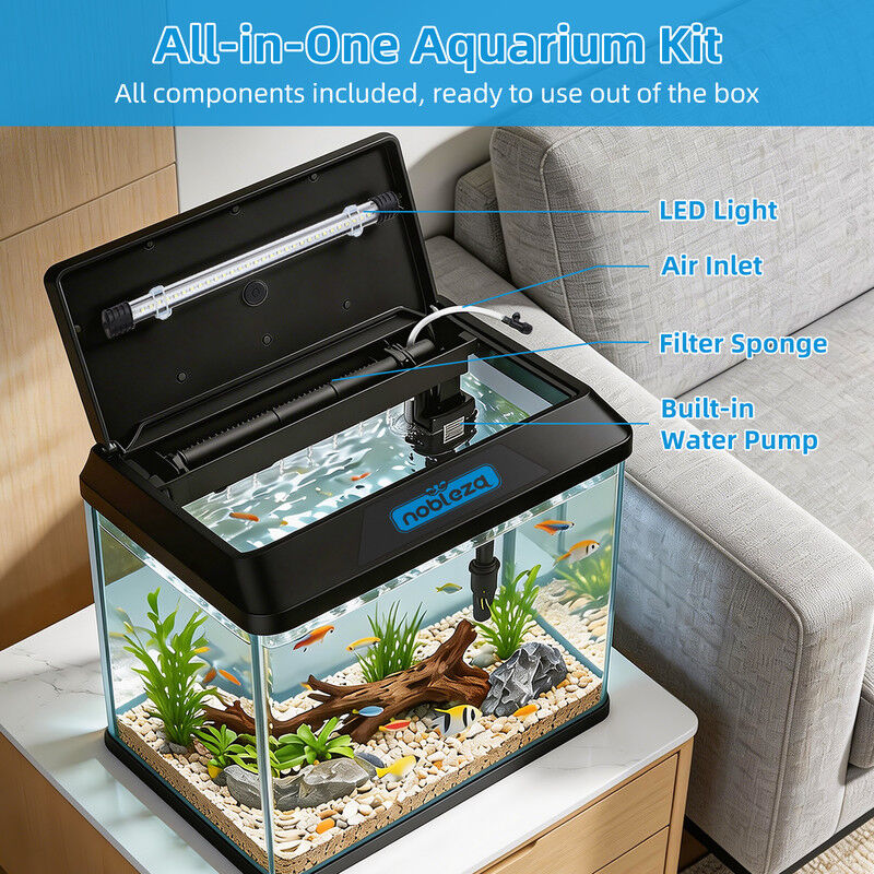 Nobleza - Acuario de Cristal 54L con Iluminaci&oacute;n LED y Filtro Interno, Pecera con Tapa para Peces, Dise&ntilde;o de Vidrio Curvo, Negro, , large Imagen numero 2