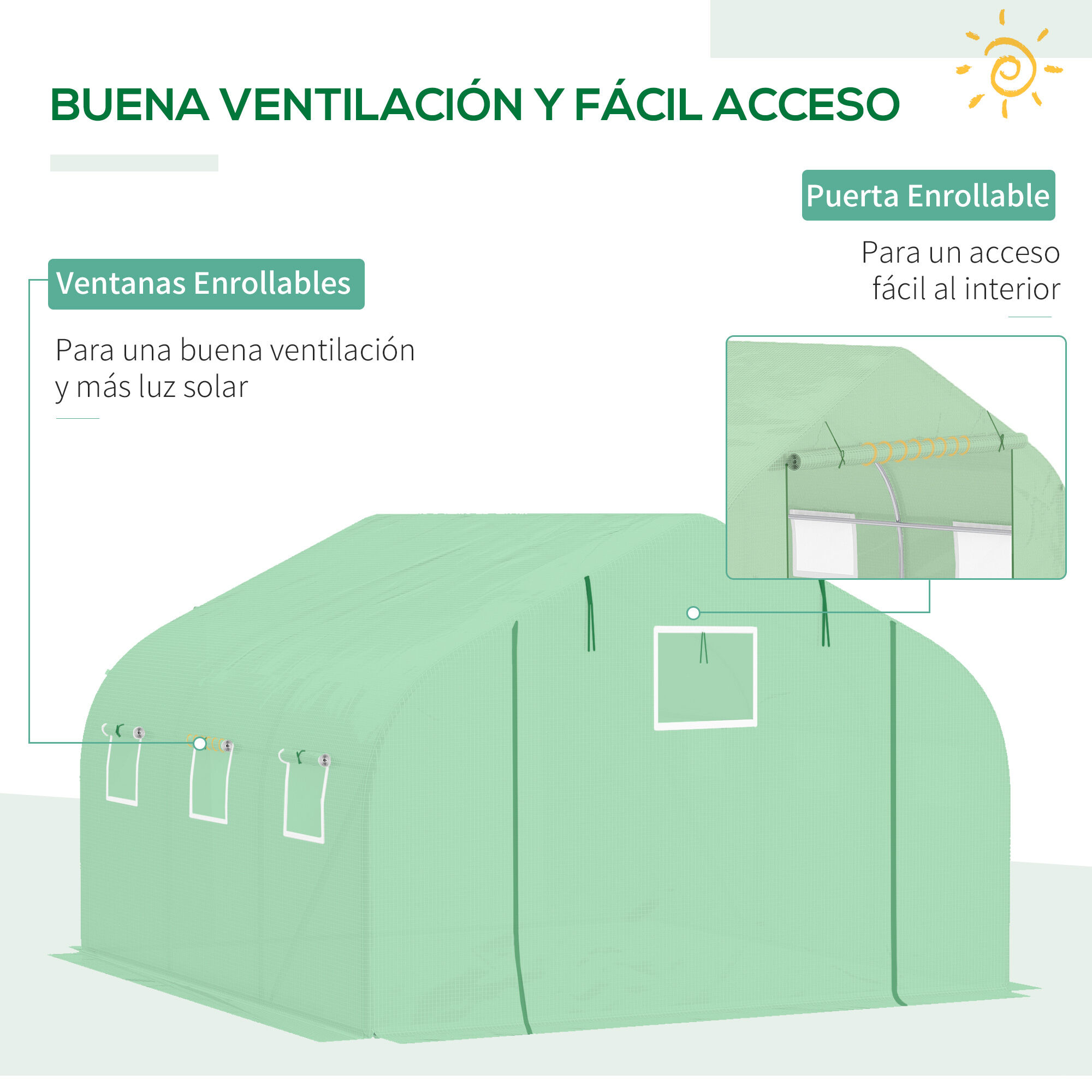 Outsunny Cubierta de Repuesto Invernadero de T&uacute;nel 347x300x200 cm Polietileno con 7 Ventanas de Malla Transpirable y Puerta Enrollable Protecci&oacute;n de Plantas para Jard&iacute;n Verde, , large Imagen numero 5