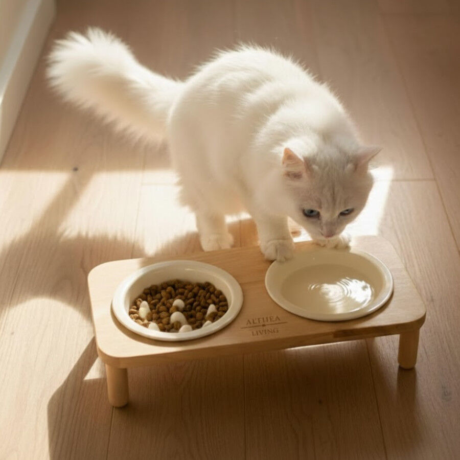 Althea Living - Bebedero/comedero de bamb&uacute; y cer&aacute;mica para gatos Cala Blanca, , large Imagen numero 3