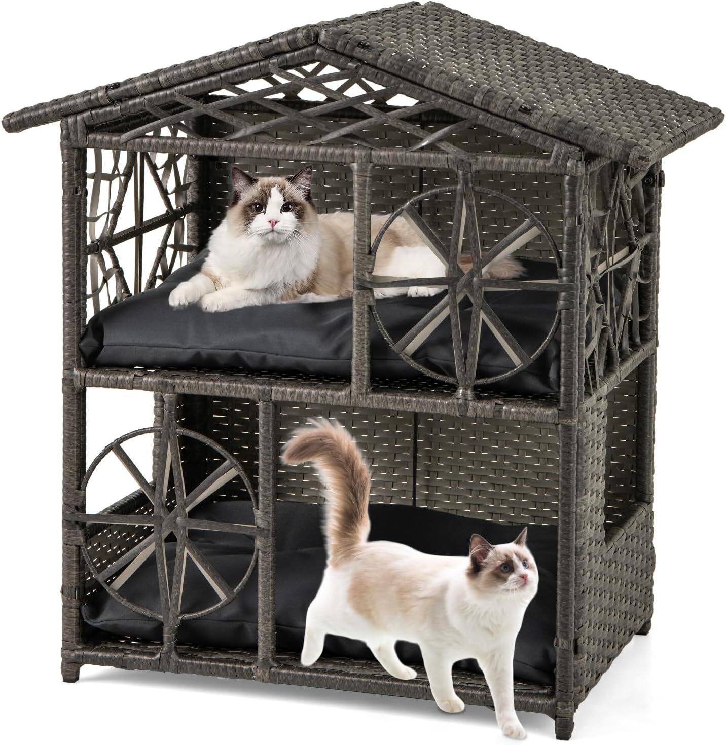 COSTWAY Casa para Gatos de Exterior con Ratán PE, Condominio Elevado de 2 Niveles con 2 Cojines Extraíbles y Ventanas, Refugio para Mascotas con Techo Inclinado, 69 x 40,5 x 70 cm