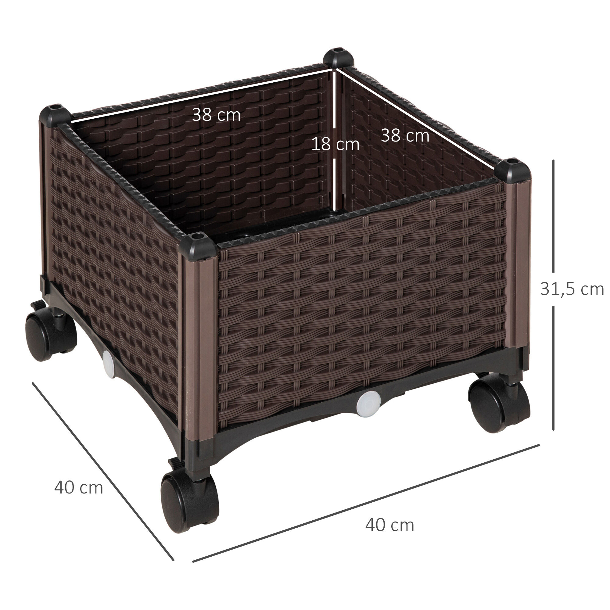 Outsunny Jardinera de Pl&aacute;stico Curdrada con 4 Ruedas Macetero de Jard&iacute;n con Agujeros de Drenaje para Cultivo de Plantas en Exterior Patio Terraza 40x40x31,5 cm Marr&oacute;n, , large Imagen numero 3