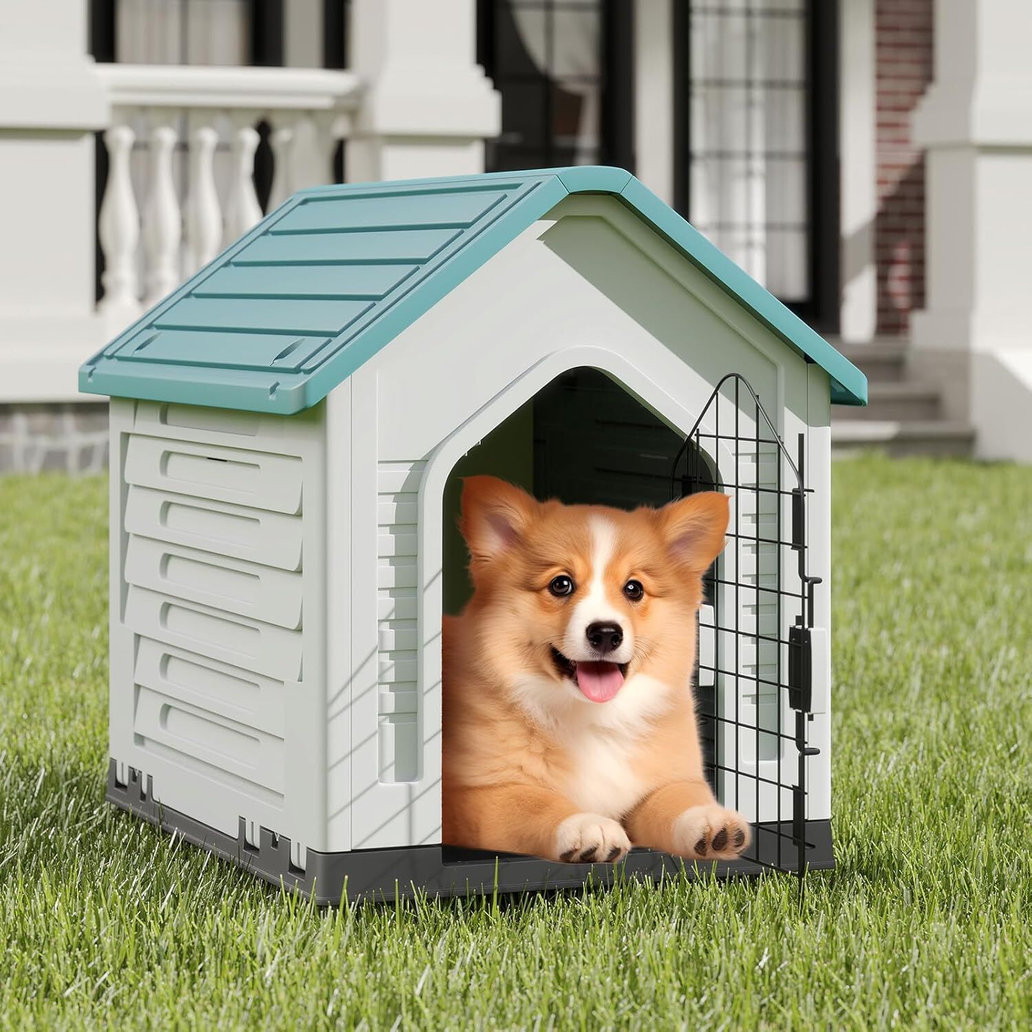COSTWAY Caseta de Pl&aacute;stico para Perros, Refugio para Mascotas Impermeable con Puerta Met&aacute;lica con Cerradura, Techo Inclinado y Rejillas de Ventilaci&oacute;n, Caseta Perro para Interior y Exterior (Azul), , large Imagen numero 2