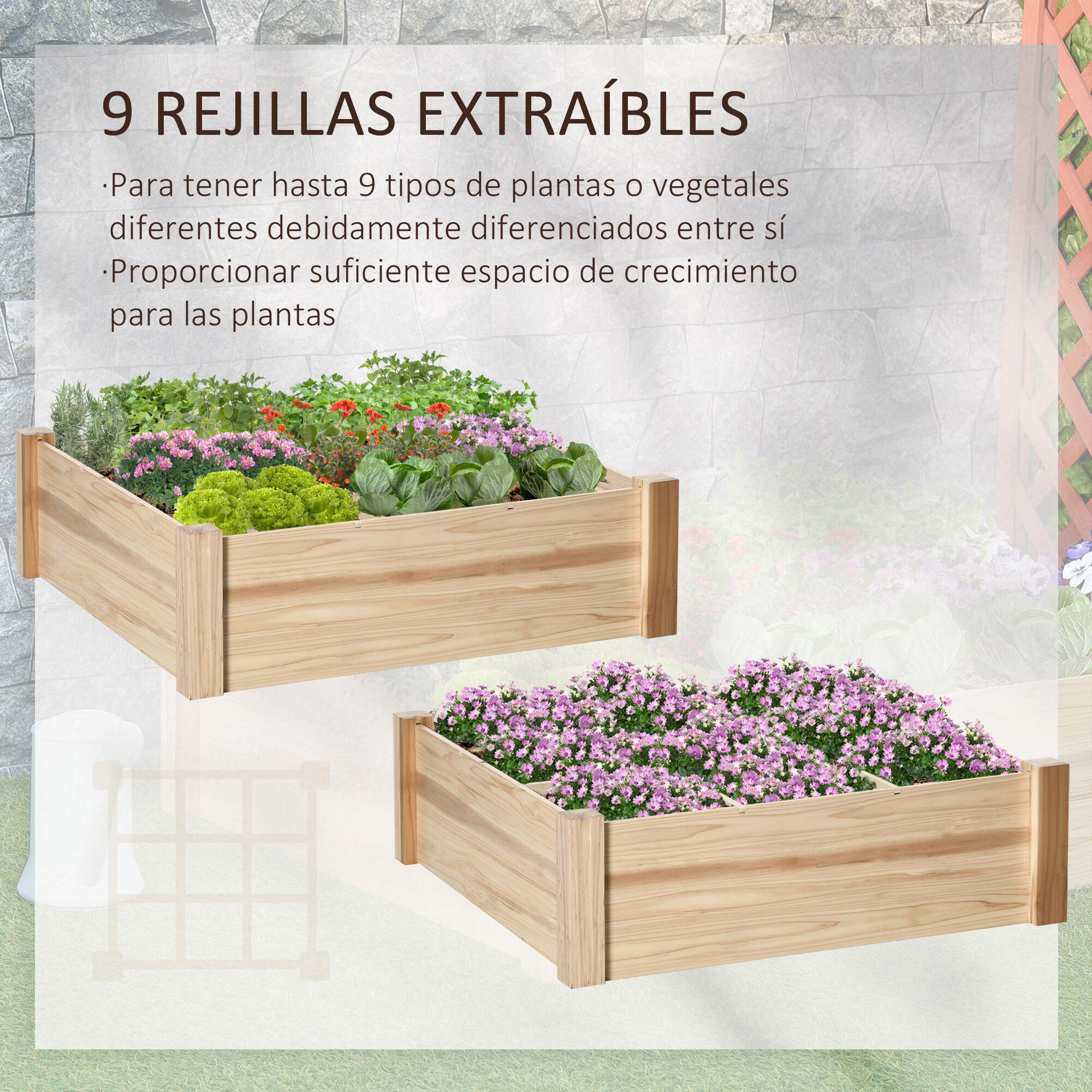 Outsunny Huerto Urbano de Madera Cuadrada 90x90x28 cm con 9 Compartimentos Extra&iacute;bles Arriate de Jard&iacute;n para Cultivos Plantas Flores Natural, , large Imagen numero 4