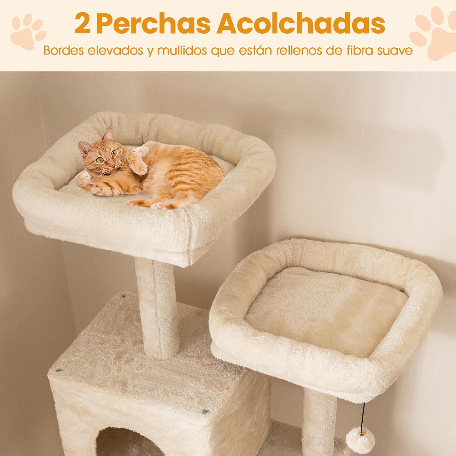 COSTWAY &Aacute;rbol Rascador para Gatos de Varios Niveles, Torre de Escalada para Gatitos con 2 Condos, 2 Perchas de Terciopelo, Postes de Sisal y Cuerda, Juguetes Colgantes, Plataformas M&uacute;ltiples, Beige, , large Imagen numero 4