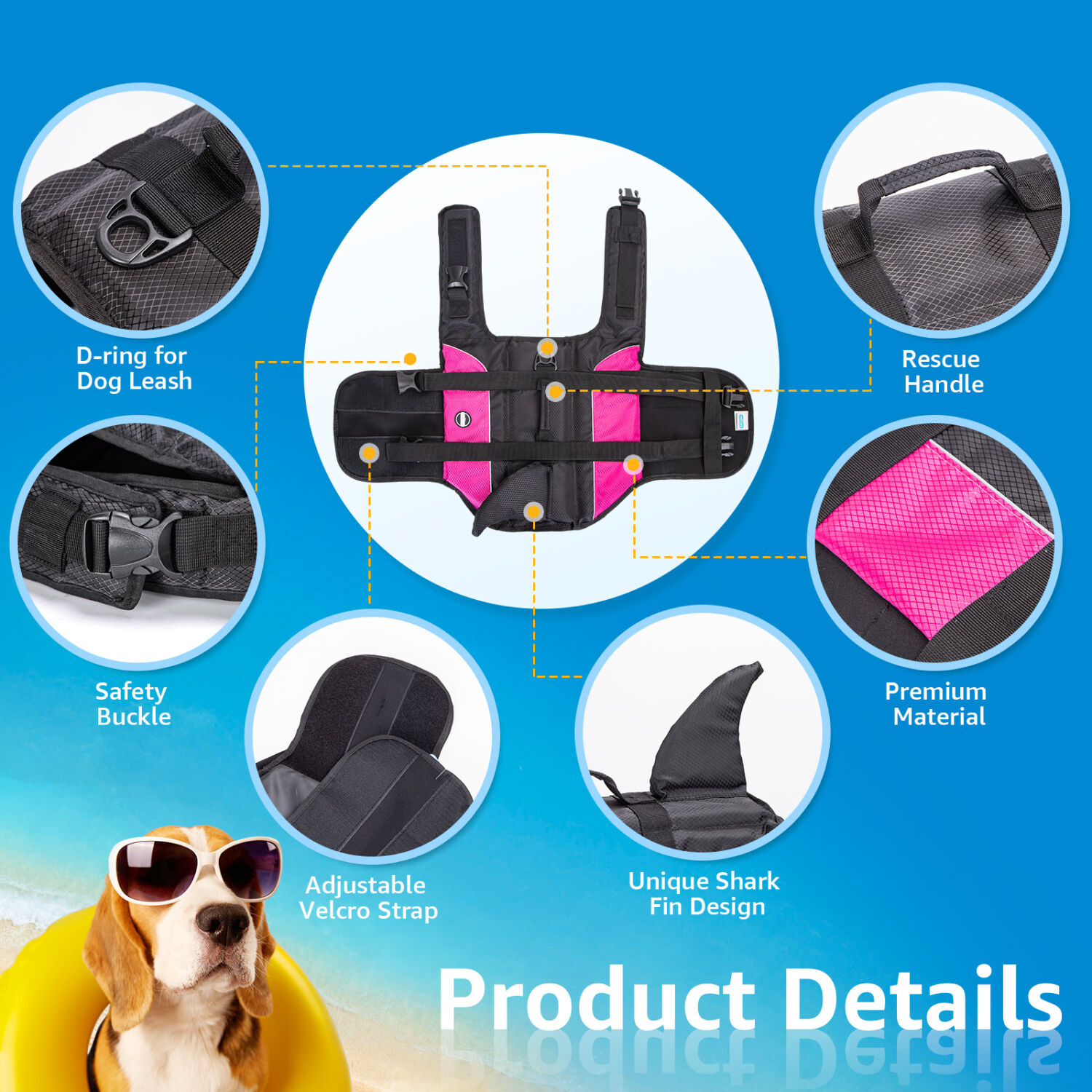 Nobleza - Chaleco Salvavidas para Perros con Aleta De Tibur&oacute;N, Flotador Perro con Tiras Reflectantes, Chaleco de Nataci&oacute;n para Perro con Asa y Alta Flotabilidad para Nadar, Surf, Navegar, Rosa(L), , large Imagen numero 3