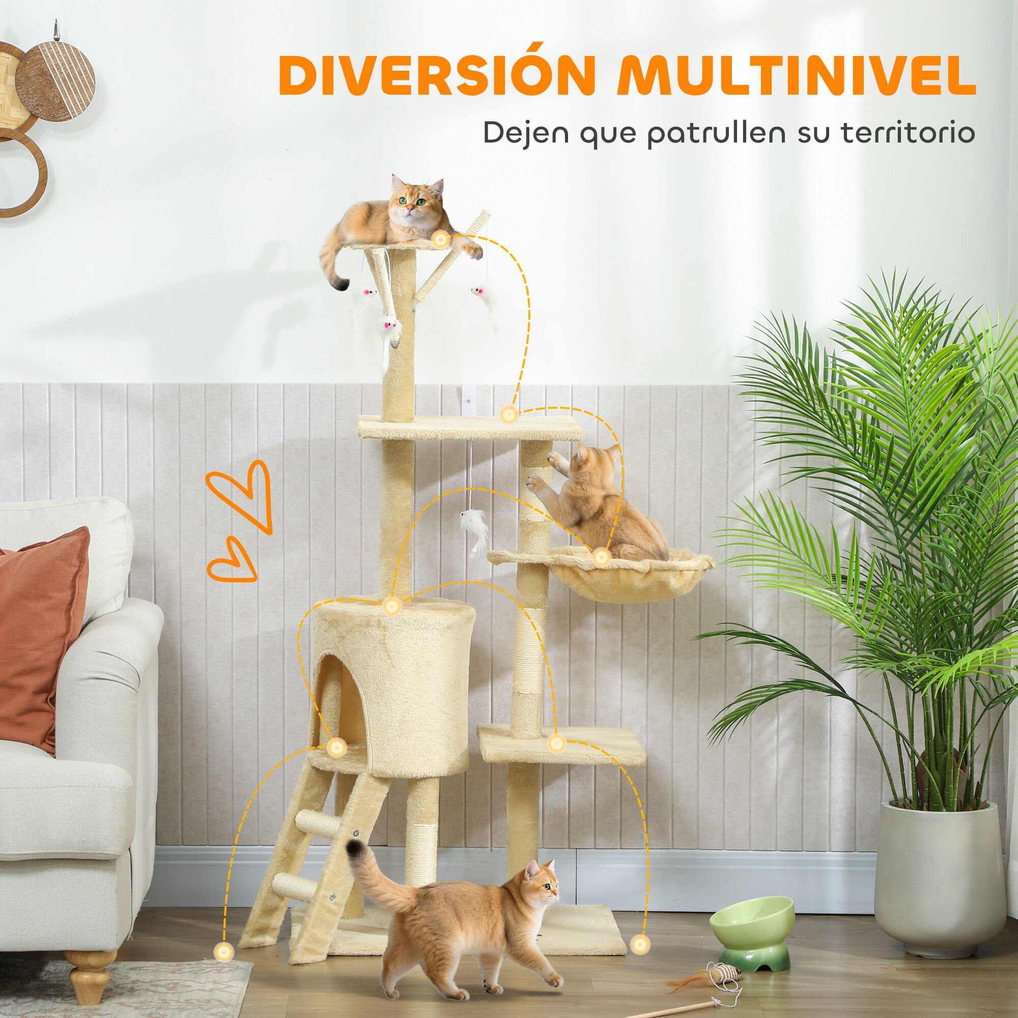 PawHut Árbol Rascador para Gatos Grande, Árbol para Gatos, Altura 134 cm, Torre de Escalada con 6 Postes de Sisal, 3 Plataformas, 1 Cueva, 1 Hamaca, 1 Escalera, 4 Juguetes Colgantes, Beige thumbnail