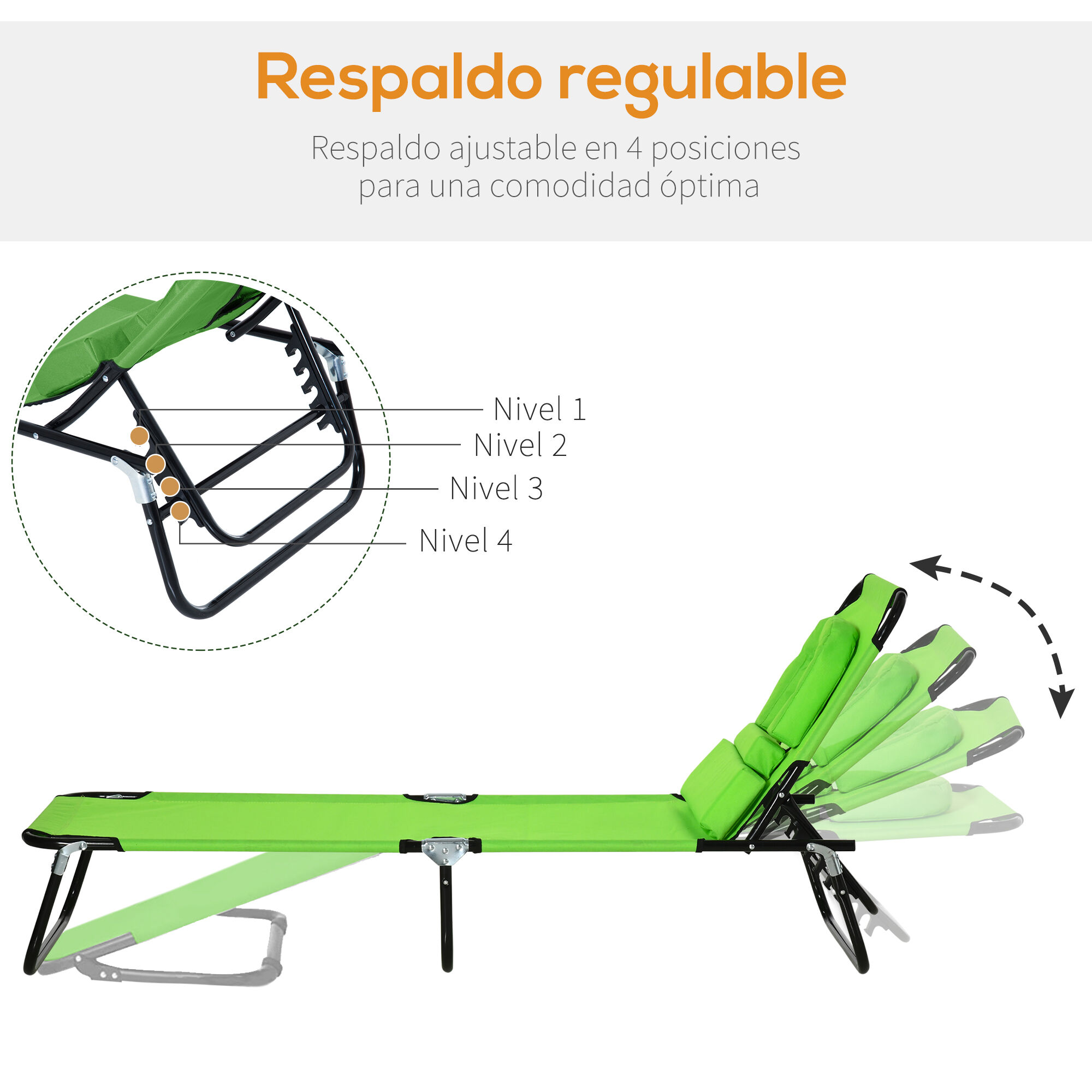 Outsunny Tumbona Plegable con Respaldo Regulable en 4 Posiciones Tumbona de Jard&iacute;n con Almohada Marco de Acero y Tela Oxford para Camping Playa Terraza Carga 120 kg 190x56x28 cm Verde, , large Imagen numero 4