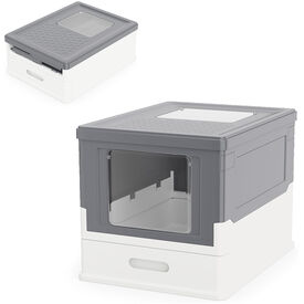 COSTWAY Arenero para Gatos Cubierto, Caja de Arena para Gatos Grande con Entrada Frontal y Salida Abatible, Bandeja Port&aacute;til, Caj&oacute;n, Arenero Cerrado Plegable para Gato, 50x38x37 cm (Gris + Blanco)