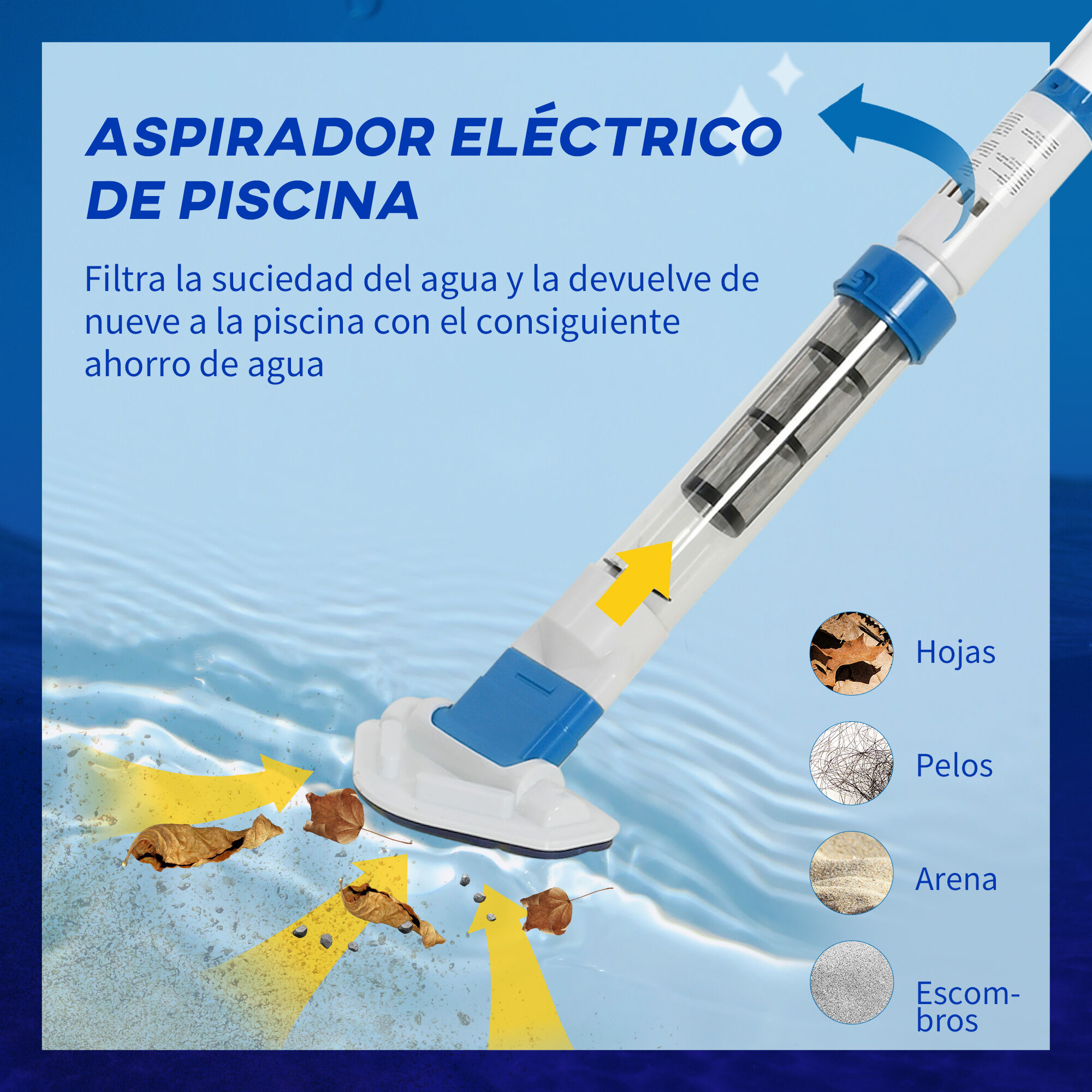 Outsunny Limpiafondos para Piscina Manual Aspirador de Piscina El&eacute;ctrico Autonom&iacute;a 45 Minutos con Poste Telesc&oacute;pico 150-210 cm Cepillo y 2 Ruedas para Estanques 210x17x7 cm Plata, , large Imagen numero 4