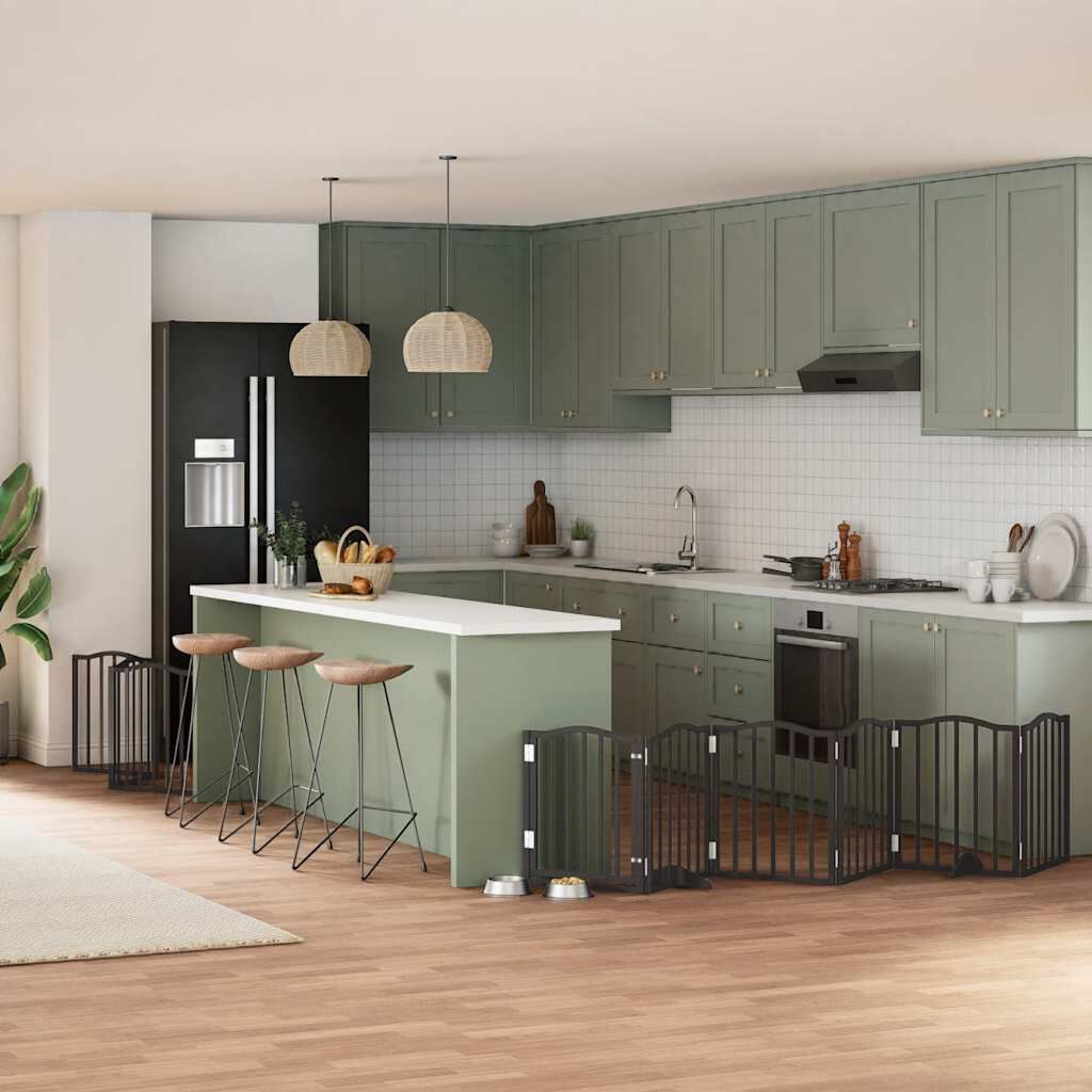 vidaXL Puerta para perros plegable 9 paneles madera &aacute;lamo negra 450 cm, , large Imagen numero 6