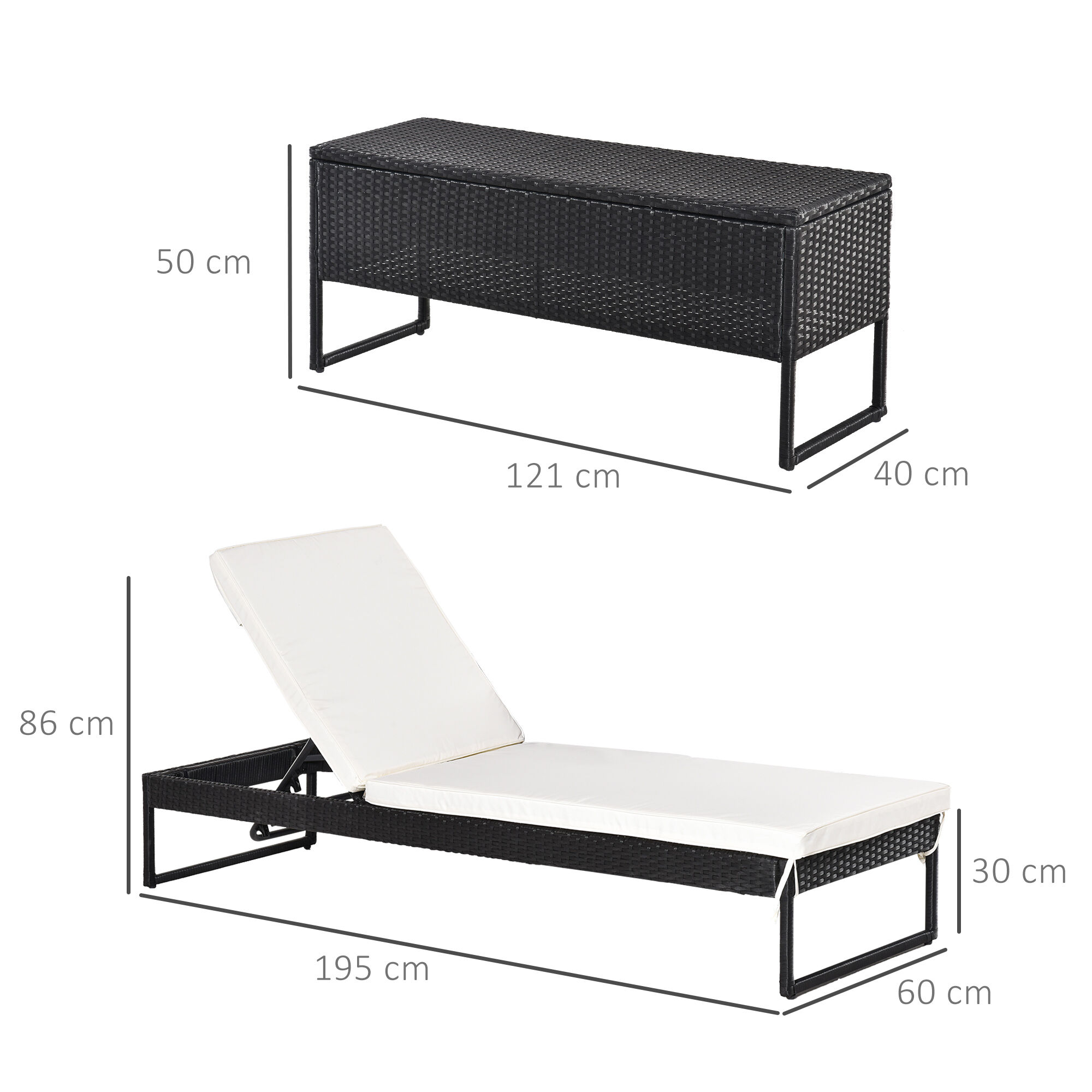 Outsunny Conjunto de 2 Tumbonas de Jard&iacute;n con Cojines Acolchados Rat&aacute;n con Mesa Auxiliar para Piscina o Terraza Carga 160 kg 195x60x86 cm Acero Negro, , large Imagen numero 3