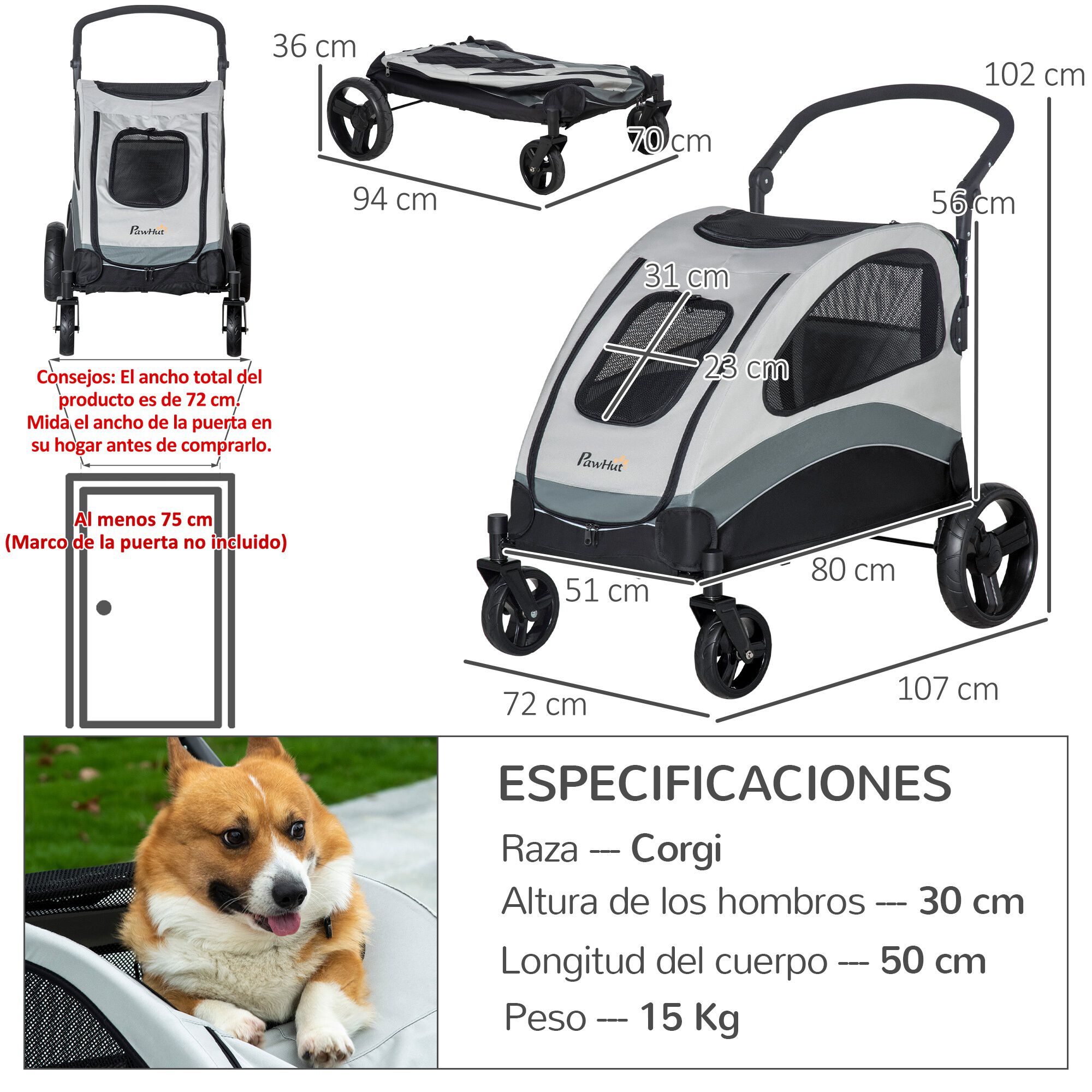 PawHut Carrito de paseo para mascotas gis y negro para Mascotas thumbnail