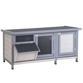 PawHut Conejera de Madera, Jaula para Conejos con Techo Asfáltico Abatible, Puertas con Pestillo, Bandejas Extraíbles y Comedero, Conejera para Exterior, 112x50x54 cm, Gris