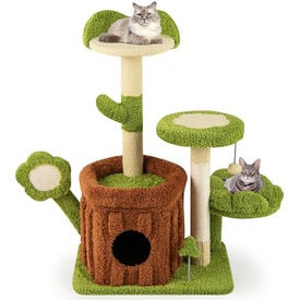 COSTWAY Árbol para Gatos de Bosque, Torre Multinivel con Condominio de Tronco, Percha Floral Acolchada, Rascador de Sisal y Juguetes, Centro de Actividades para Gatitos y Adultos, Verde + Marrón
