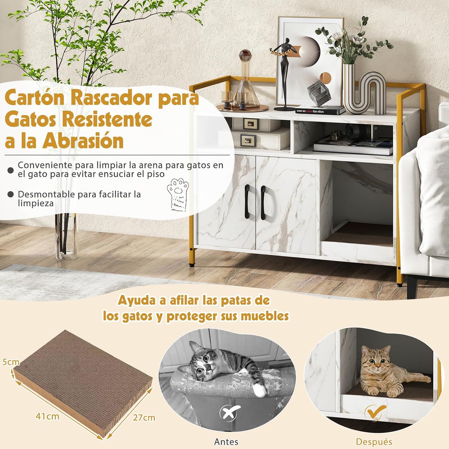 COSTWAY Caja de Arena para Gato, Aseo Gatos Mascotas de Madera, Mueble de Madera para Gatos con Estante & 2 Compartimentos, Muebles Interior para Gato Ocultos para Entrada, Sal&oacute;n (Patr&oacute;n de M&aacute;rmol), , large Imagen numero 5