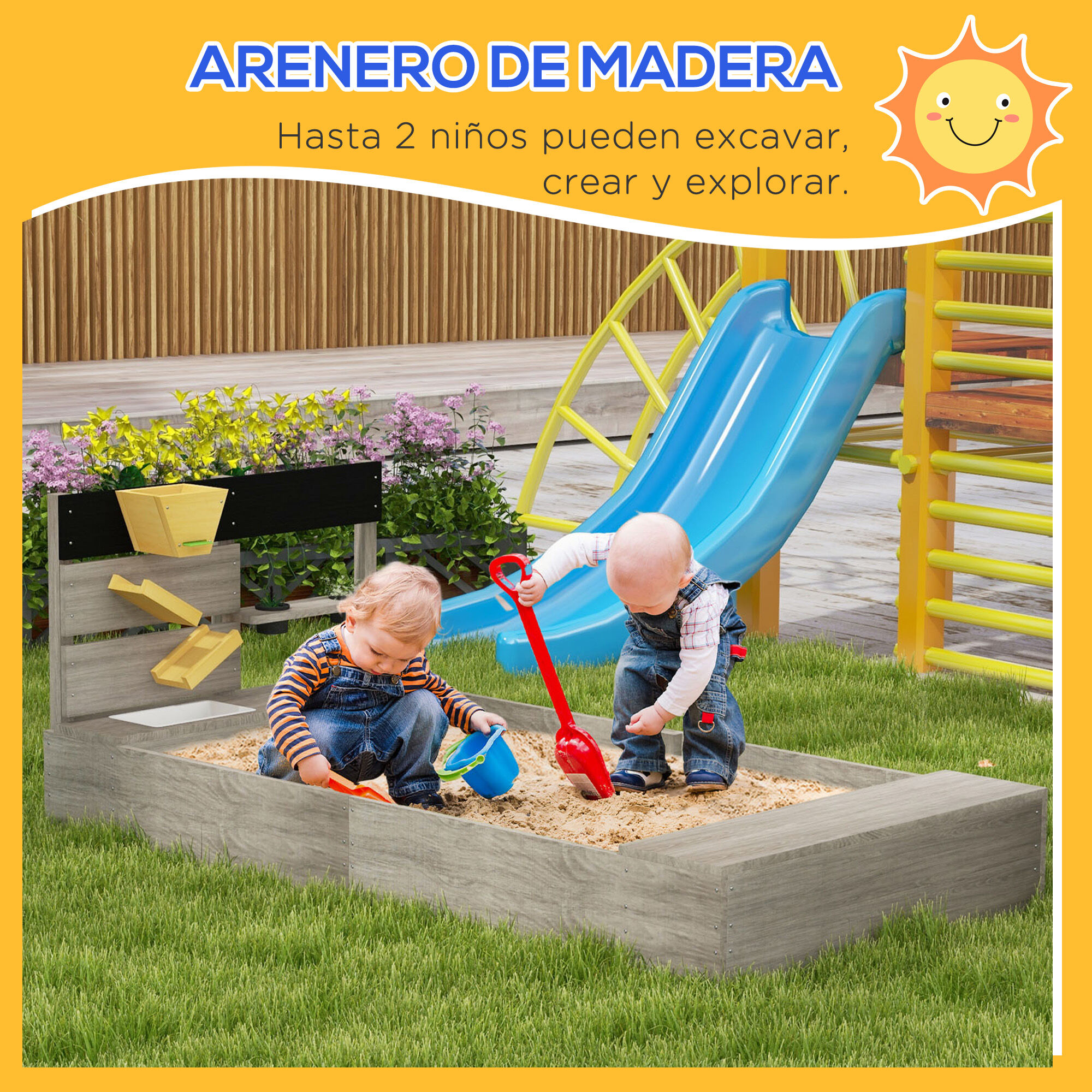 Outsunny Arenero para Ni&ntilde;os de Madera Arenero Infantil con 2 Asientos 2 Cajas para Plantar y Juguete de Cocina para Patio Jard&iacute;n 154x80x60 cm Gris, , large Imagen numero 4