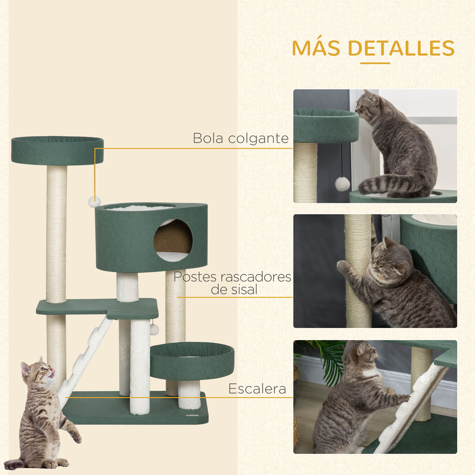 PawHut &Aacute;rbol Rascador para Gatos Altura 114 cm Torre para Gatos con 2 Camas Cueva Hamaca Plataforma Escalera Bolas Colgantes y Postes de Sisal 70x50x114 cm Verde, , large Imagen numero 5