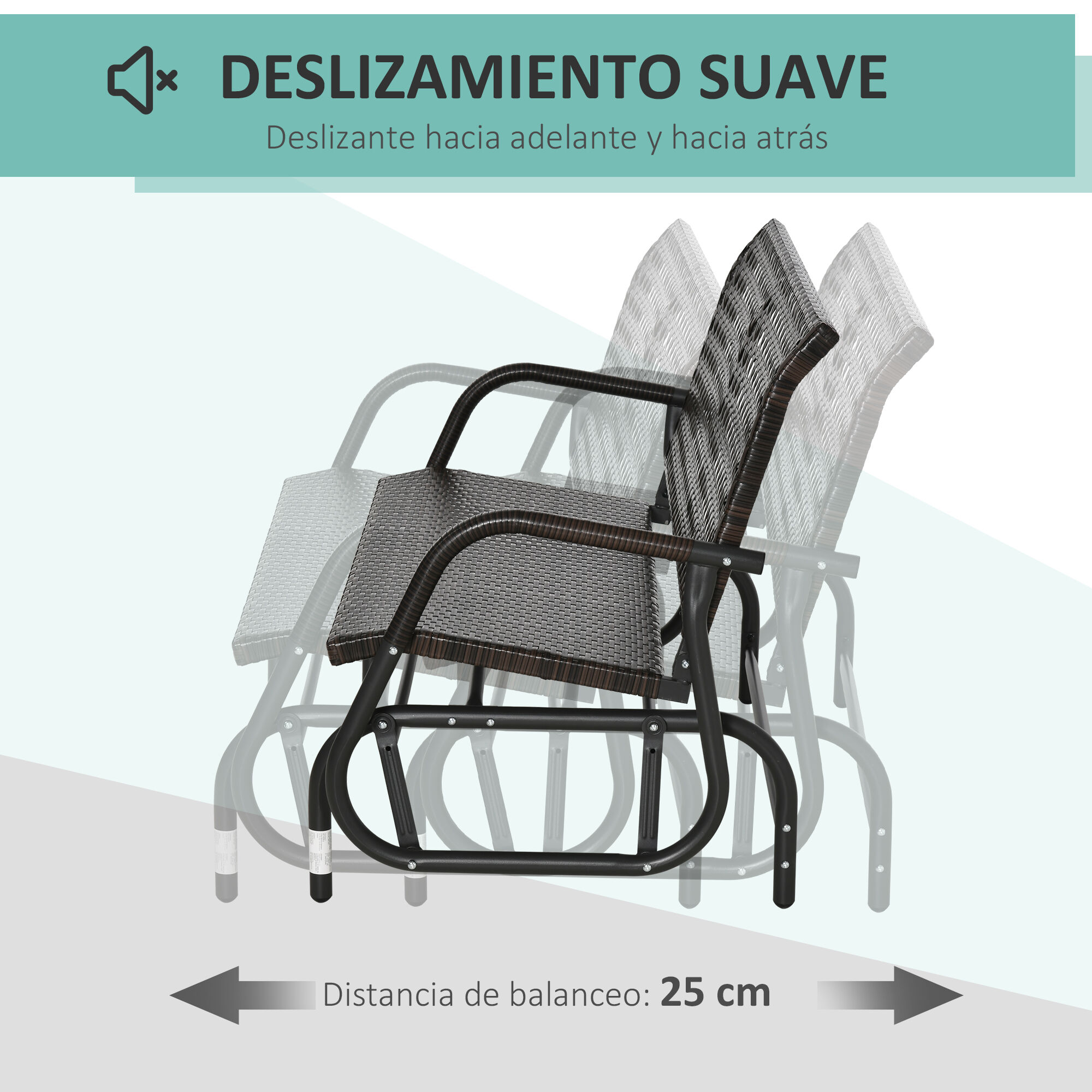 Outsunny Mecedora de Rat&aacute;n de 2 Plazas Banco Balanc&iacute;n de Jard&iacute;n con Balanceo Ergon&oacute;mico y Marco de Metal para Terraza Balc&oacute;n Exterior Patio Hotel Carga 220 kg 120x70x84 cm Marr&oacute;n, , large Imagen numero 4