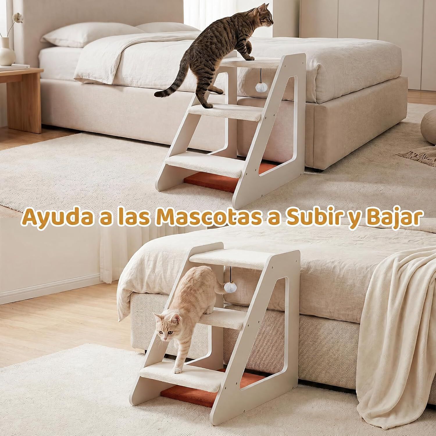 COSTWAY Escalera para Perros y Gatos de 3 Niveles con Pana Antideslizante | Rampa para Perros con Cama Acogedora y Juguete Colgante con Cascabel, Escalones para Mascotas, Acceso al Sof&aacute;, Cama, Ventana, , large Imagen numero 2