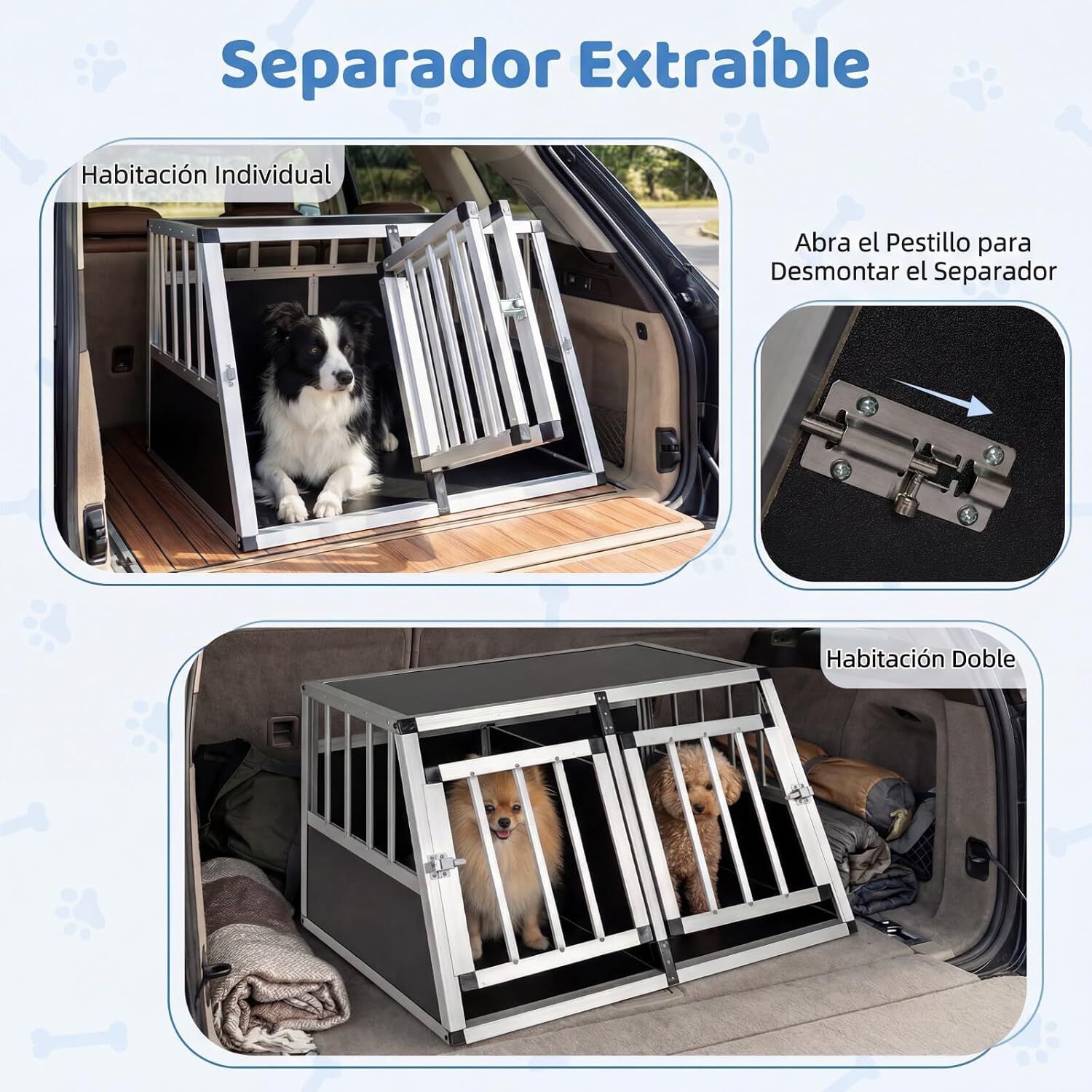 COSTWAY Transportin Perro Coche, Caja de Transporte de Aluminio para 2 Perros con Puerta Bloqueable, Divisor Extra&iacute;ble, Jaula para Perros Peque&ntilde;as y Medianos, Coche, Viaje y Camping, 89x69x50,5 cm, , large Imagen numero 3