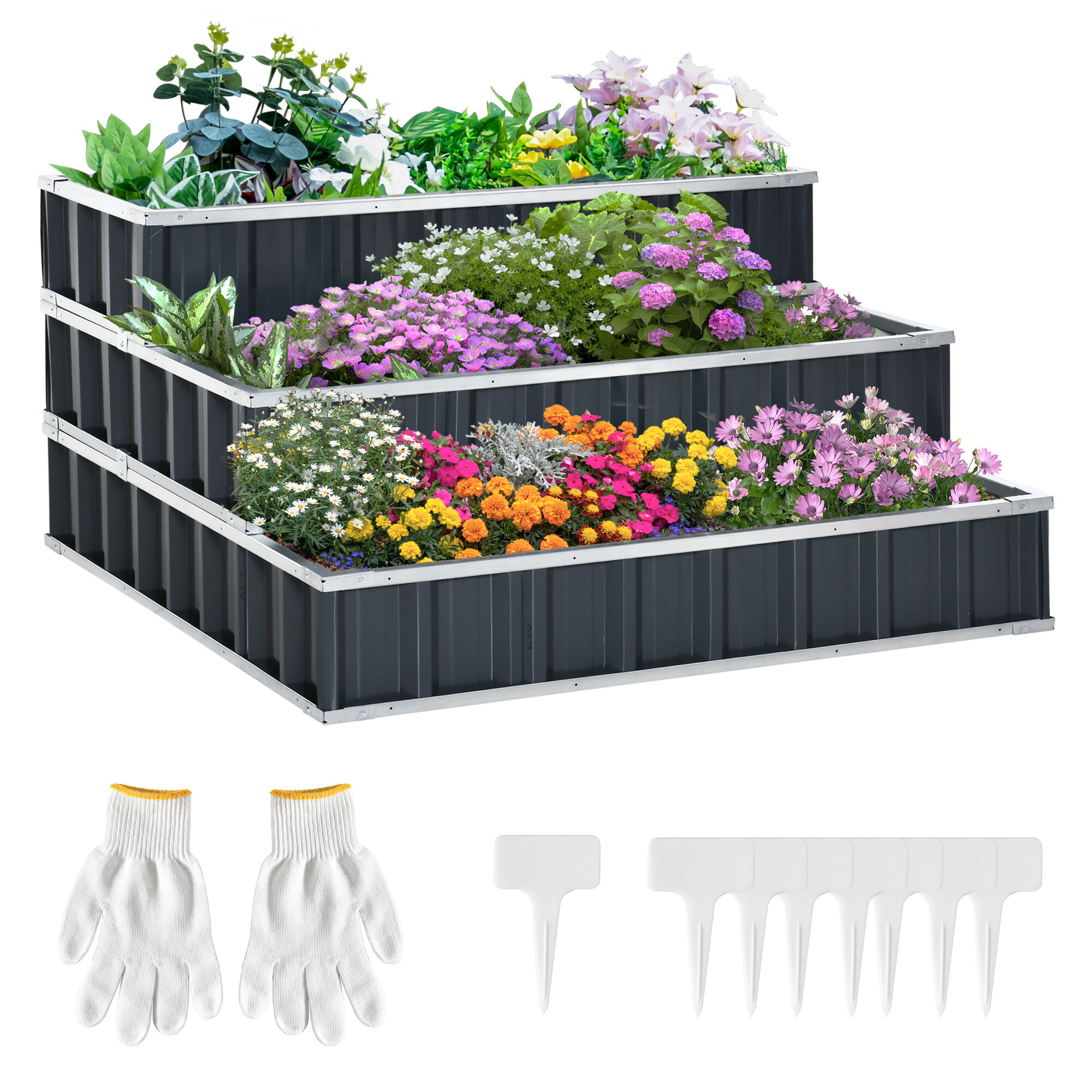 Outsunny Huerto Urbano de 3 Niveles de Jard&iacute;n Acero 118x118x62 cm Arriate de Escalera para Cultivos Plantas Flores para Terraza Exterior Gris, , large Imagen numero 1