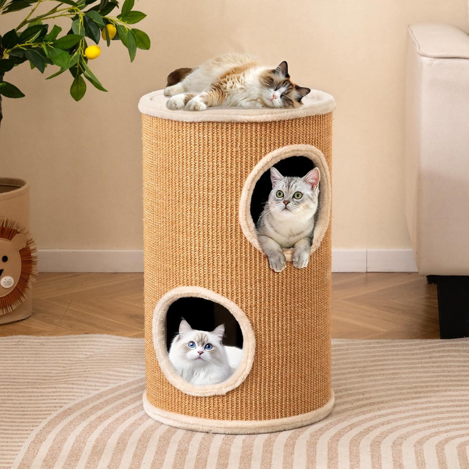 COSTWAY Barril Rascador para Gatos de 3 Niveles, 60 cm Torre Gato Rascador con Almohadilla para Rascar de Sisal, Cama Acolchada, Condominio para Gato Forma Barril, Ideal para Hogares con Varios Gatos, , large Imagen numero 2