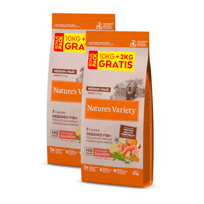 24 kg (20 + 4 kg ¡gratis!) Nature's Variety No Grain Adult Medium Maxi Salmón pienso para perros ¡Pack ahorro!