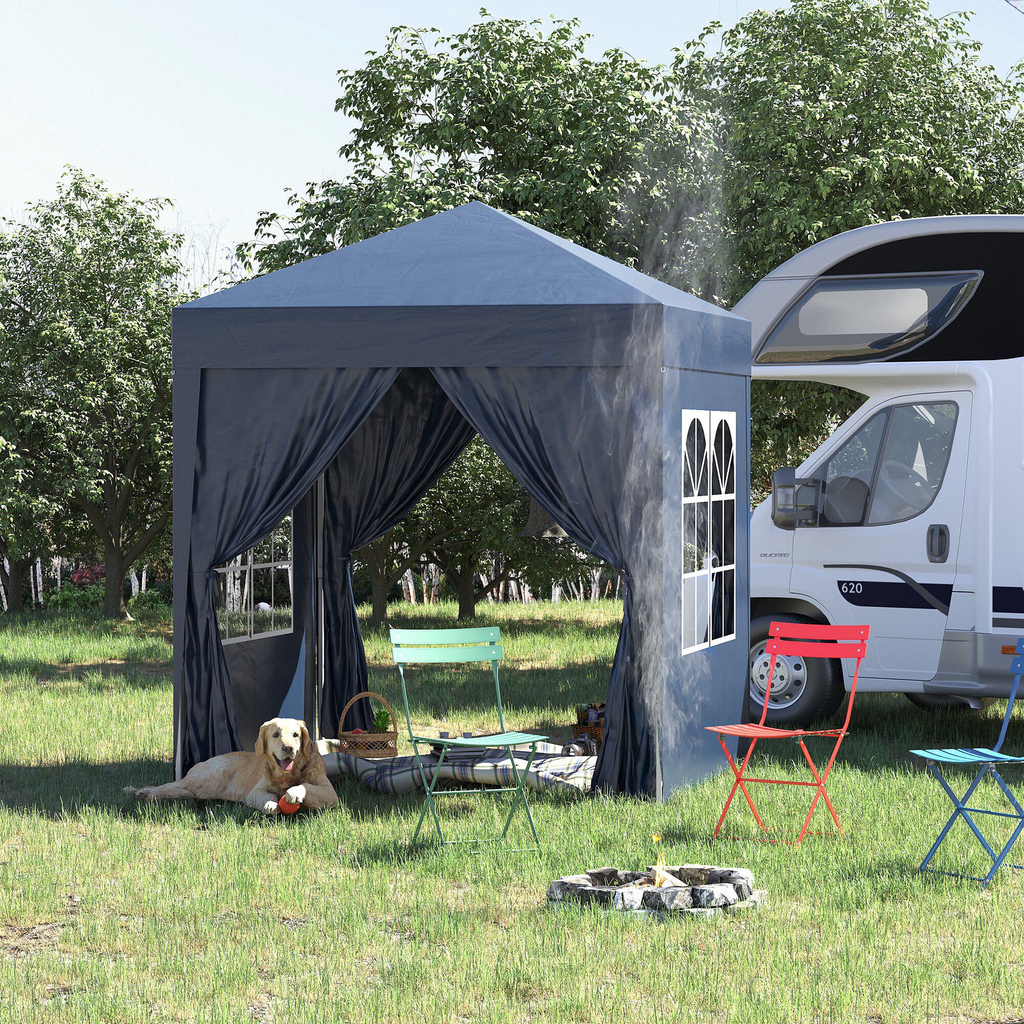 Outsunny Carpa Plegable Gazebo 2x2 m Cenador de Jard&iacute;n con 4 Paredes Laterales Tela Oxford 2 Puertas 2 Ventanas y Bolsa de Transporte Impermeable para Exterior Terraza Camping Fiestas Azul, , large Imagen numero 2