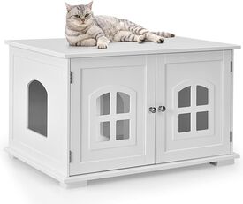 COSTWAY Casita-mesita de Noche con Doble Puerta y Ventana para Gatos
