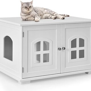 COSTWAY Casita-mesita de Noche con Doble Puerta y Ventana para Gatos