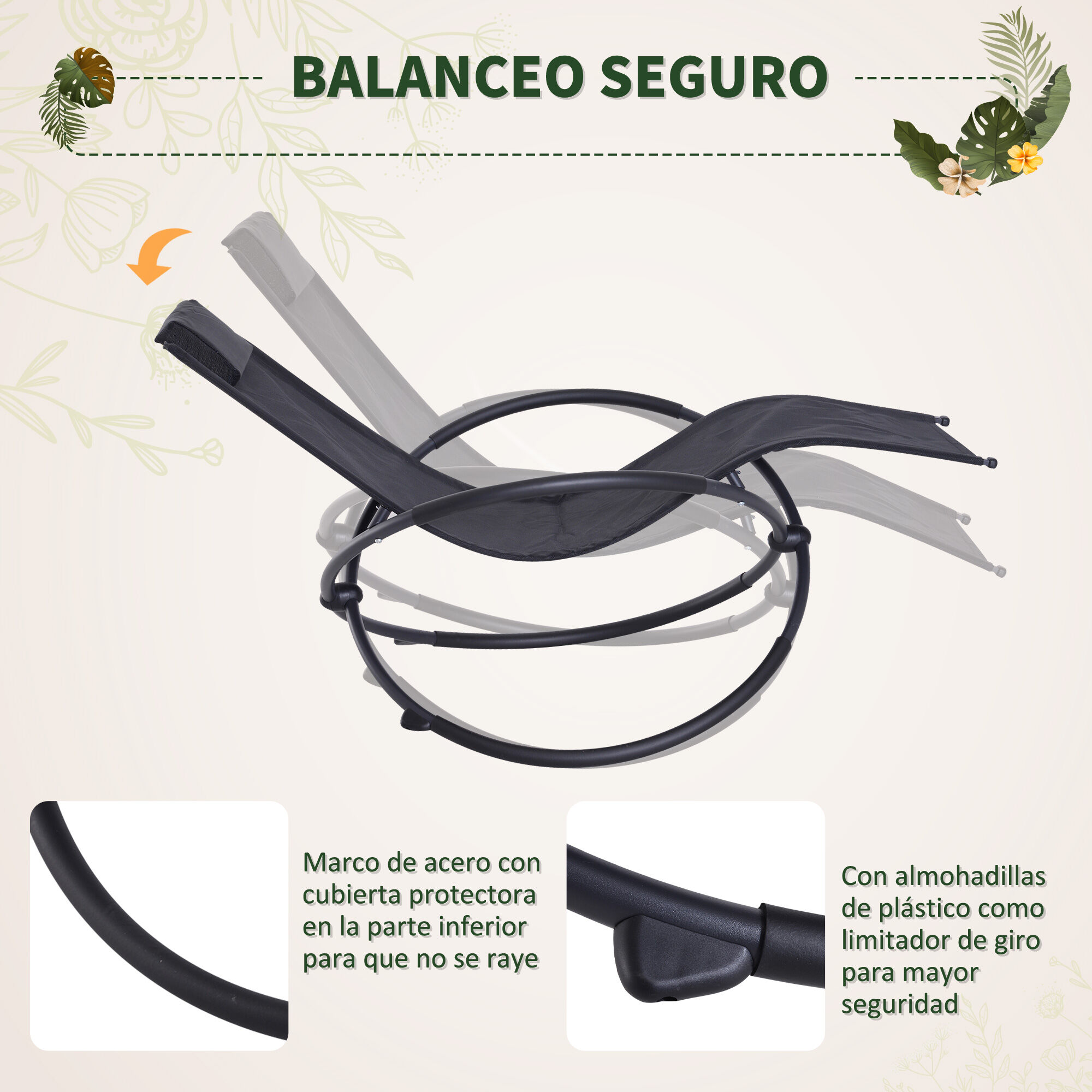 Outsunny Tumbona Mecedora de Jard&iacute;n Plegable con Reposacabezas Extra&iacute;ble Sill&oacute;n Tumbona Ergon&oacute;mica de Exterior Tela de Texteline para Patios Piscina al Aire Libre 154x80x84 cm Negro, , large Imagen numero 5