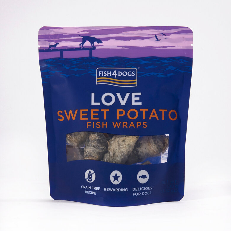 Fish4Dogs Snack natural para perros – Love Boniato con pescado 100 g (pack de 10)