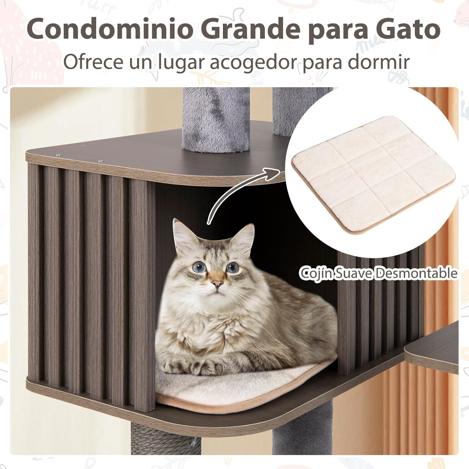 COSTWAY &Aacute;rbol Multinivel para Gatos de 6 Niveles, Torre con Condominio de Cerca, Percha Superior Acolchada Desmontable, Postes Rascadores, Pomp&oacute;n Colgante con Campana (81 x 60 x 143 cm), , large Imagen numero 3
