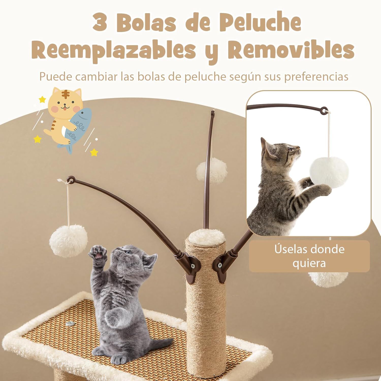 COSTWAY Torre para Gatos de Rat&aacute;n, &Aacute;rbol para Gatos de Interior con 3 Juguetes Colgantes, &Aacute;rbol Rascador, Plataforma, Cama Espaciosa, Centro de Actividades con Tapete de Felpa (40 x 40 x 80 cm), , large Imagen numero 2