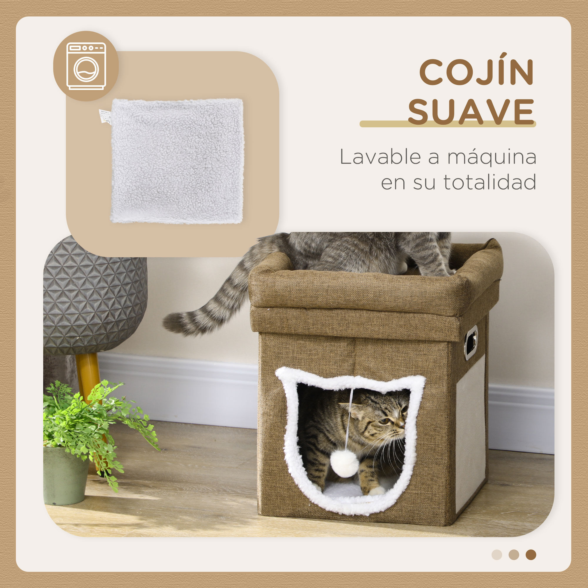 Pawhut Cama Cueva para Gatos Caseta para Gatos con Cama Superior Tablero de Rascador Coj&iacute;n Suave Bola Colgante y Marco de Madera 39x39x42 cm Marr&oacute;n., , large Imagen numero 5