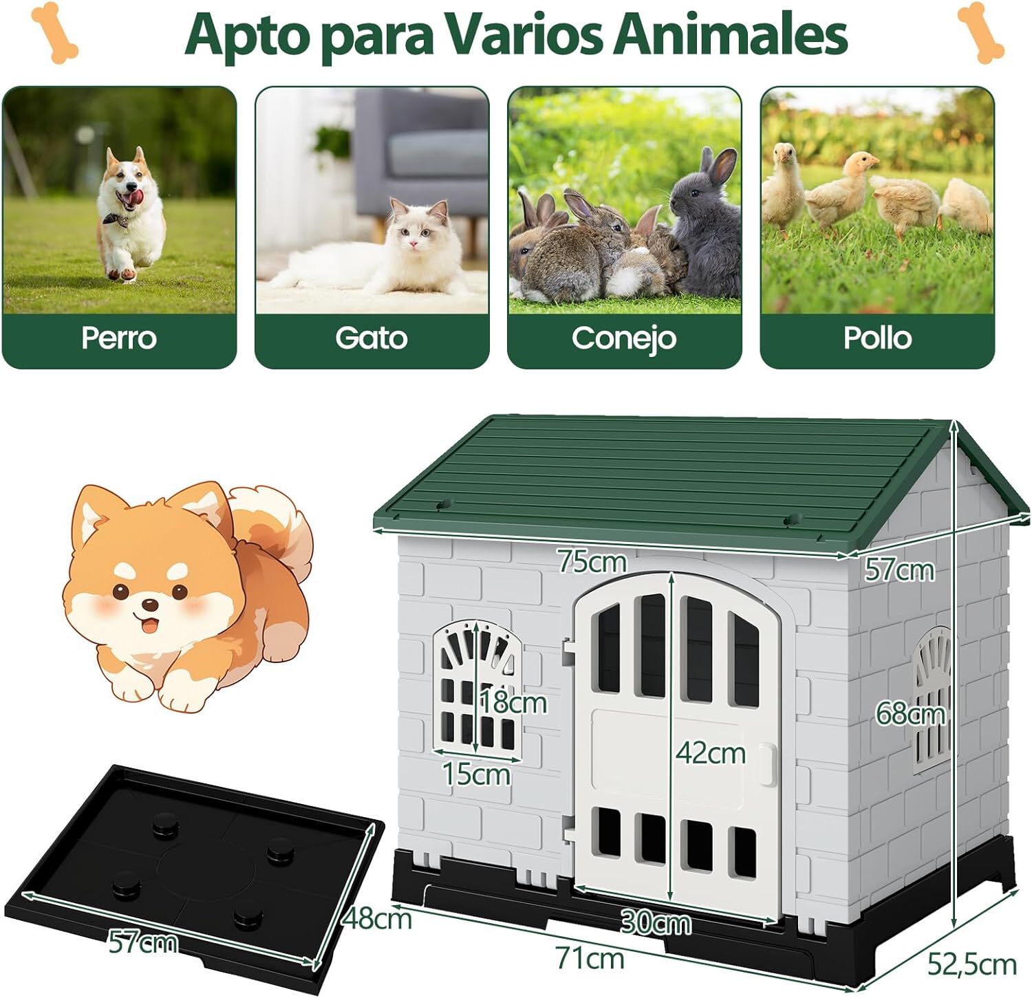 COSTWAY Casa para Perros Plegable de Pl&aacute;stico, Refugio para Mascotas Resistente a la Intemperie con Bandeja de Inodoro, Puerta con Cerradura, Techo Inclinado, Jaula de Interior Exterior para Cachorros Gatos, , large Imagen numero 5