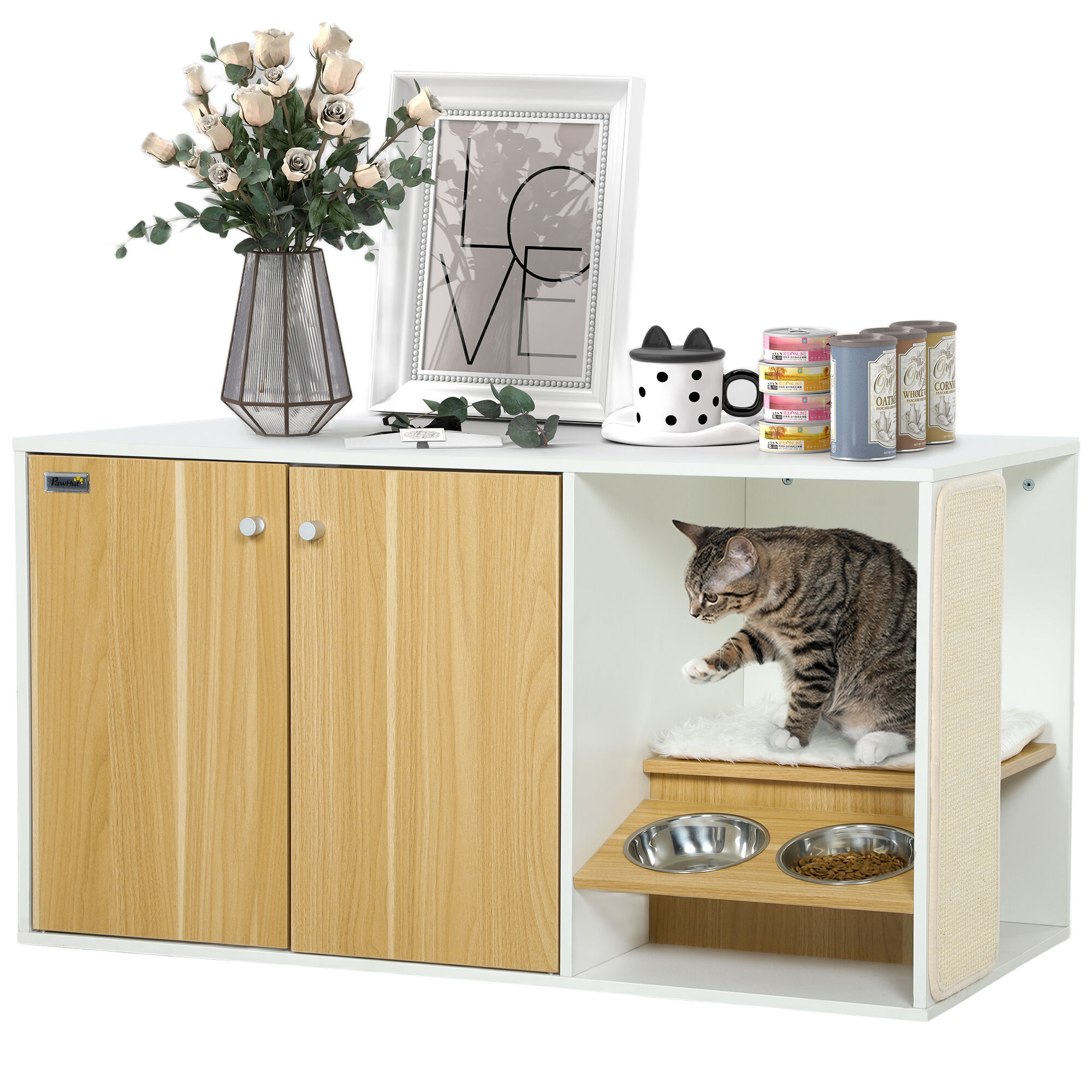PawHut Mueble Arenero Roble Blanco para gatos