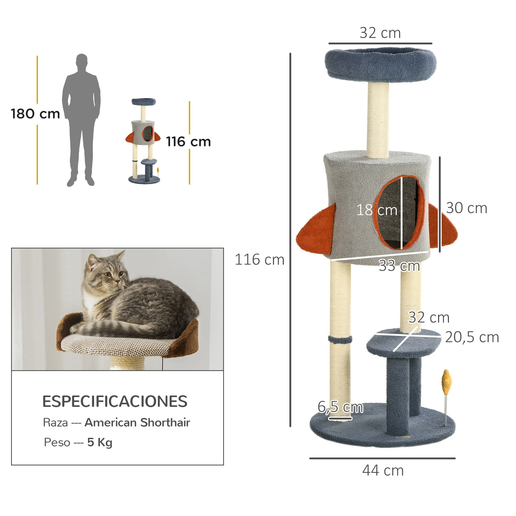 PawHut &Aacute;rbol Rascador para Gatos de 116 cm Tipo de Cohete Torre para Gatos Interior con Postes para Rascar Cama Cueva y Juguete Estrella &Oslash;44x116 cm Azul, , large Imagen numero 3