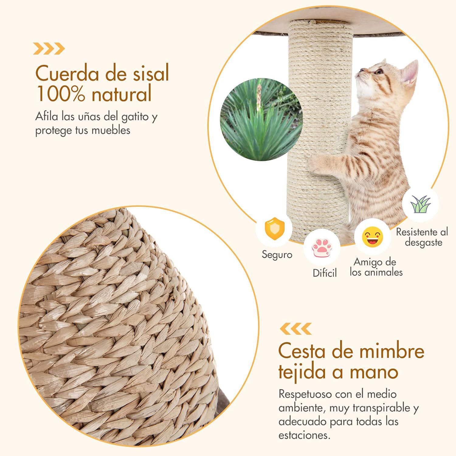 COSTWAY &Aacute;rbol para Gatos con Palo Rascador en Sisal Natural, Posadero y Nicho Relajante, Pelota Juguete Colgando, Centro Actividad Torre para Gatos Vers&aacute;til, , large Imagen numero 5