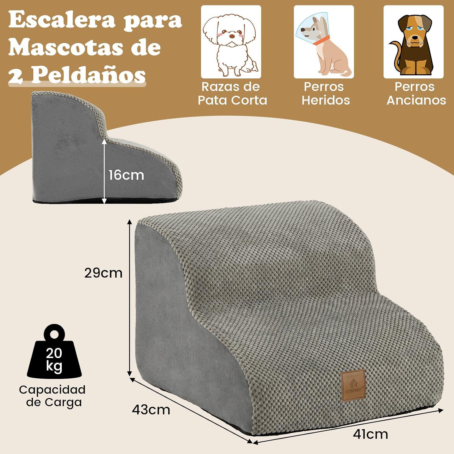 COSTWAY Escalera para Perros, Escalera para Mascotas de 2 Niveles (Gris), con Funda Lavable, Base Antideslizante, Pasos para Perros en Pendiente para Sof&aacute;, Cama o Sof&aacute;, Escalera Suave para Mascotas, , large Imagen numero 3