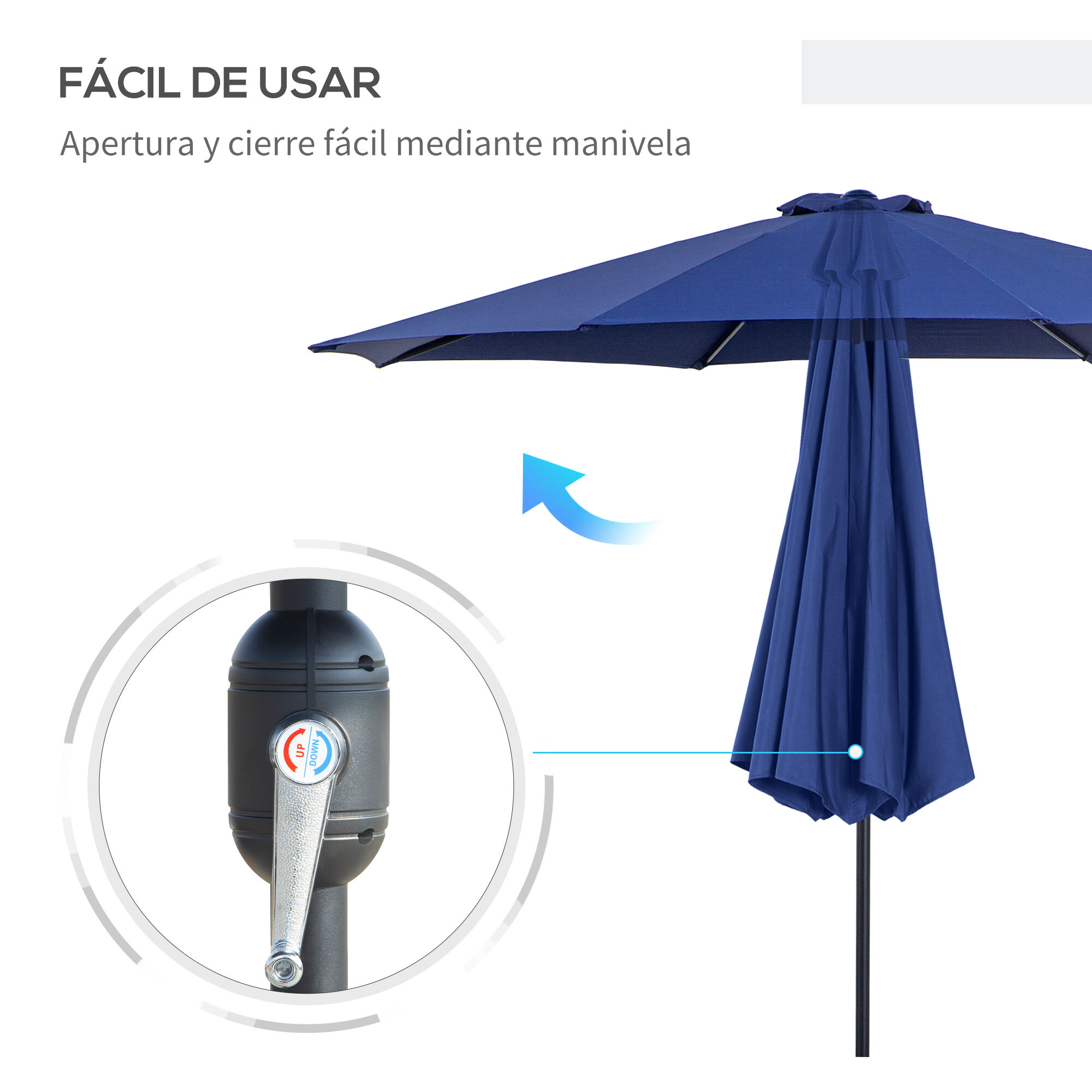Outsunny Sombrilla de Jard&iacute;n &Oslash;295x250 cm con Manivela Parasol Exterior con Mecanismo de Inclinaci&oacute;n y Poste Desmontable de Metal para Terraza Piscina Patio Azul, , large Imagen numero 5