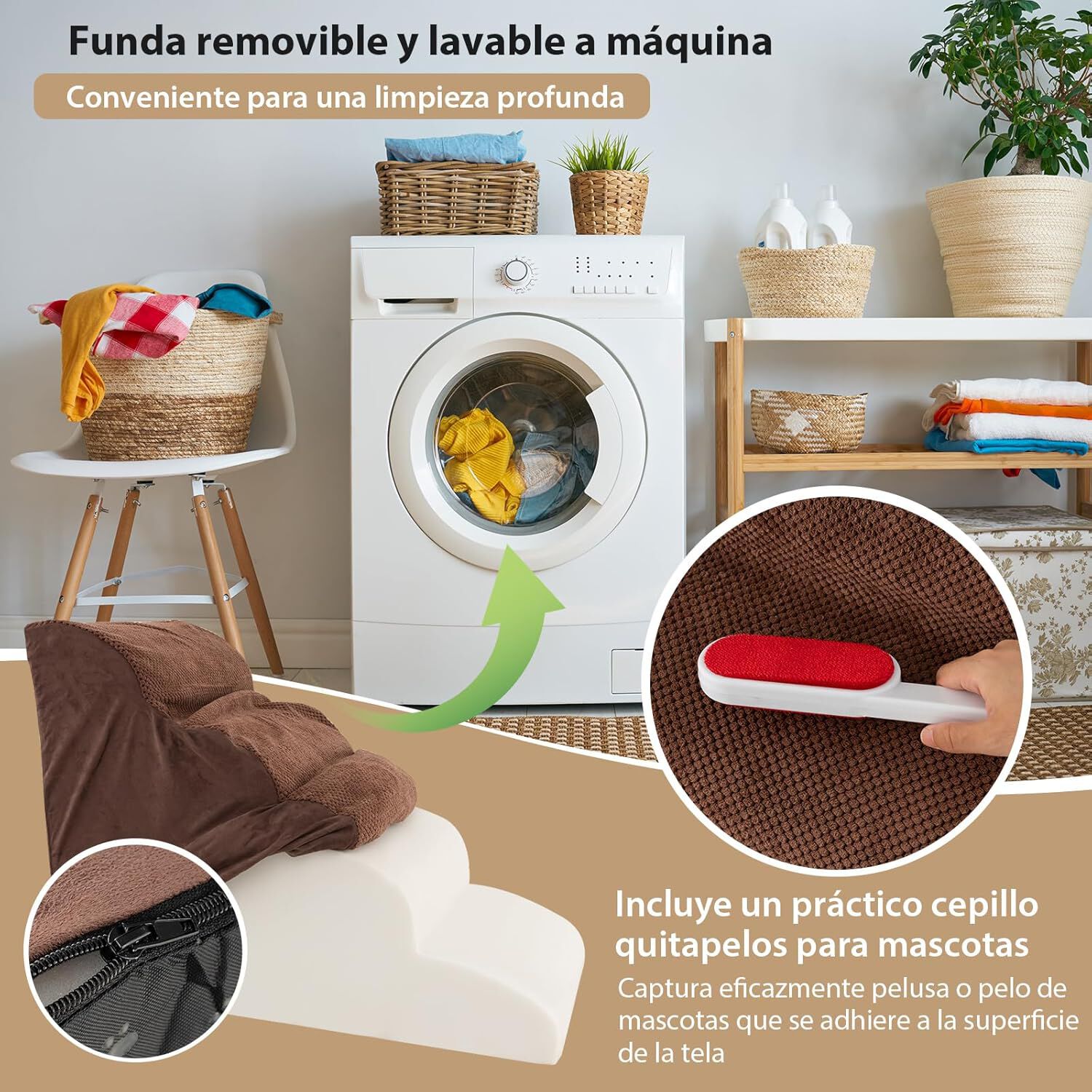 COSTWAY Rampa para Perros de Espuma de 4 Niveles, Escalera para Mascotas con Funda Lavable, Escala para Perros con Huellas de Silicona Pelda&ntilde;os Antideslizantes para Sof&aacute;s Altos (marr&oacute;n 4 escaleras), , large Imagen numero 3