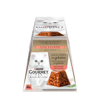 4 tarrinas x 57 g Gourmet Revelations Finos Cortes de Salmón en gelatina para gatos