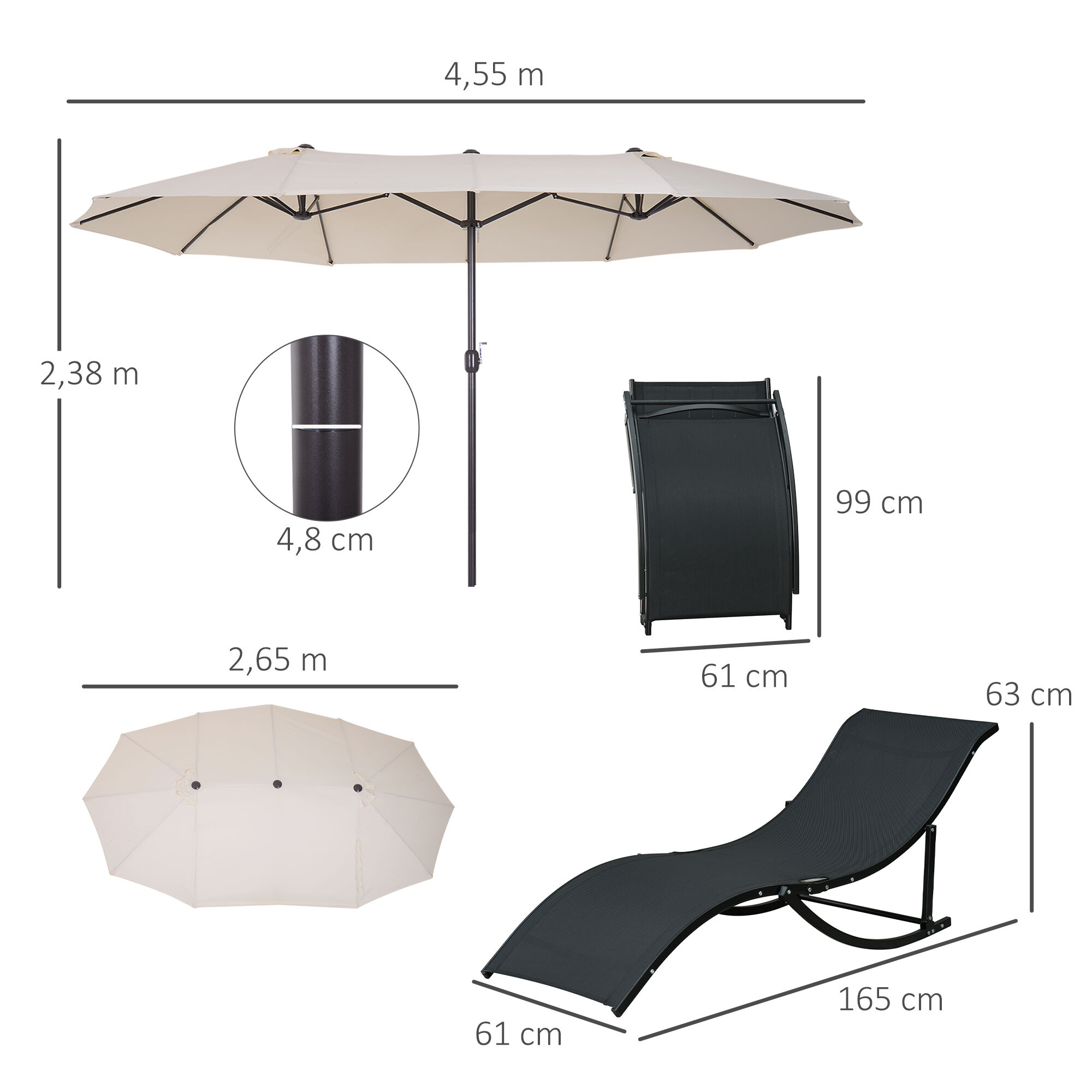 Outsunny Conjunto de Sombrilla Doble y 2 Tumbonas Plegables en Forma de S para Piscina Patio Jard&iacute;n Terraza 4,55x2,65x2,38 m 165x61x63 cm Beige y Negro, , large Imagen numero 3