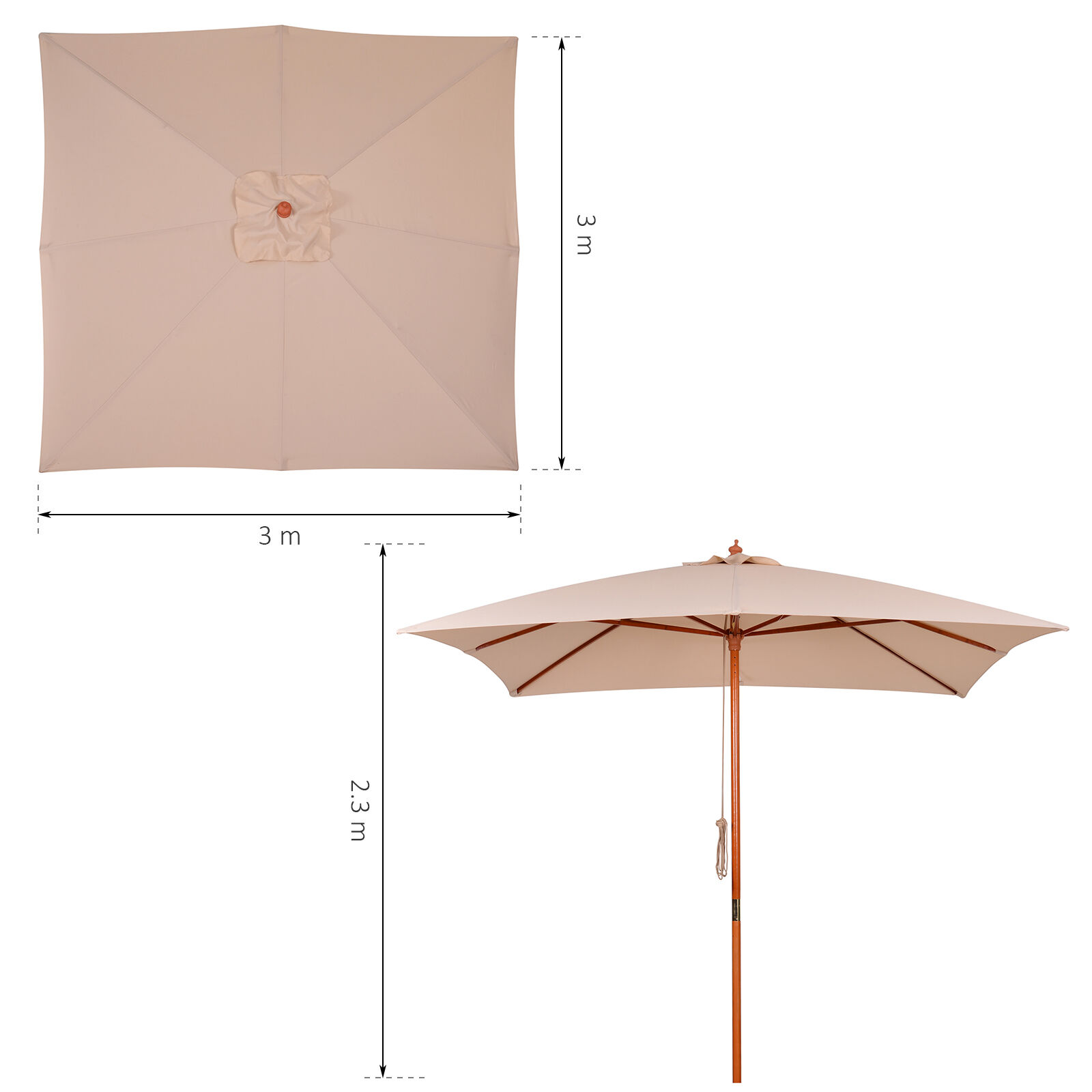 Outsunny Parasol para Jard&iacute;n Patio Sombrilla Cuadrada de &Aacute;ngulo Ajustable Ventilaci&oacute;n Dise&ntilde;o Moderno con 8 Varillas de Bamb&uacute; Madera Tela Poli&eacute;ster 3x3m Beige, , large Imagen numero 3