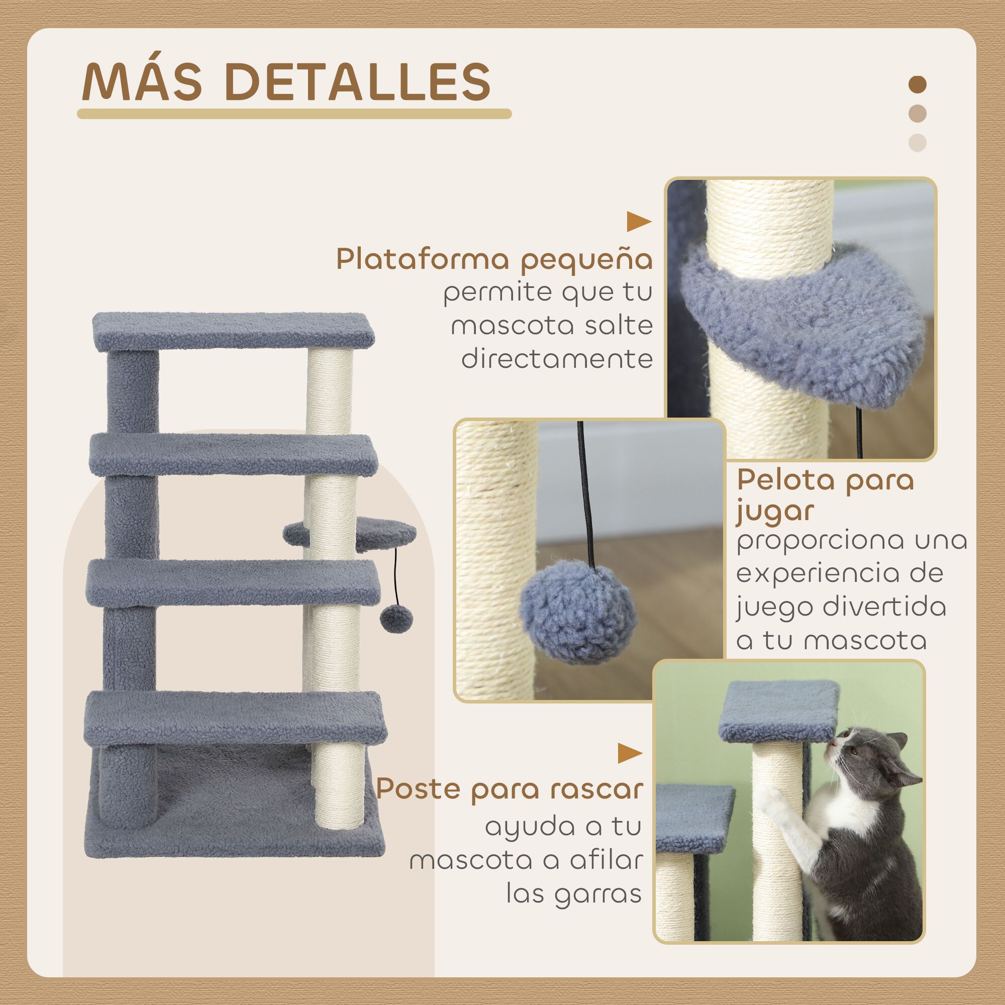 PawHut Escalera para Gatos de 4 Niveles Escalera para Mascotas Cubierto de Suave Felpa Poste de Sisal Bola Colgante &Aacute;rbol Rascador para Gatos 60x40x64 cm Gris, , large Imagen numero 5