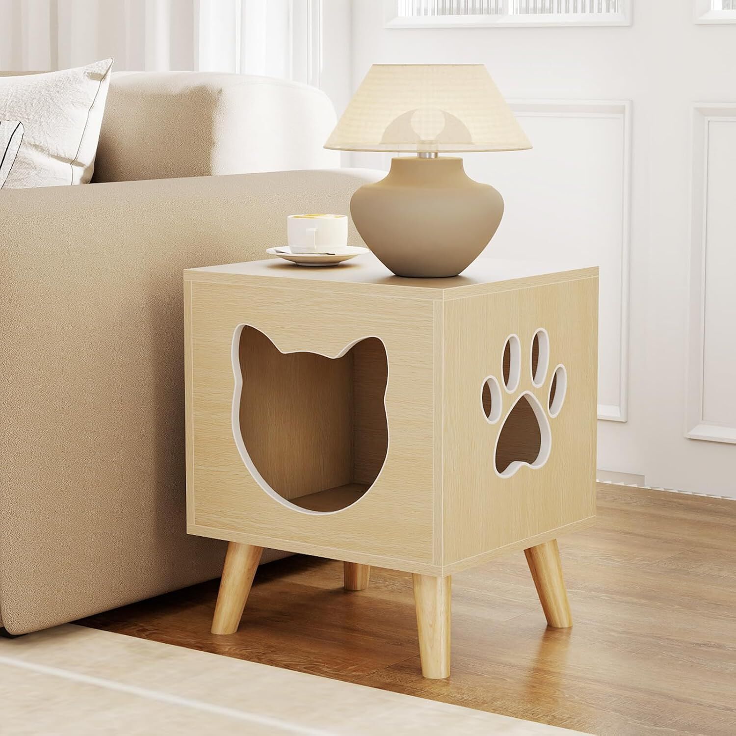 COSTWAY Mueble Arenero para Gatos Medianos, 45 x 40 x 54 cm, Cajas de Arena para Gatos con Tapa Desmontable, Agujero y Ventana, Patas de Madera, Mesa Auxiliar Gato para Sal&oacute;n, Entrada, Dormitorio, , large Imagen numero 2