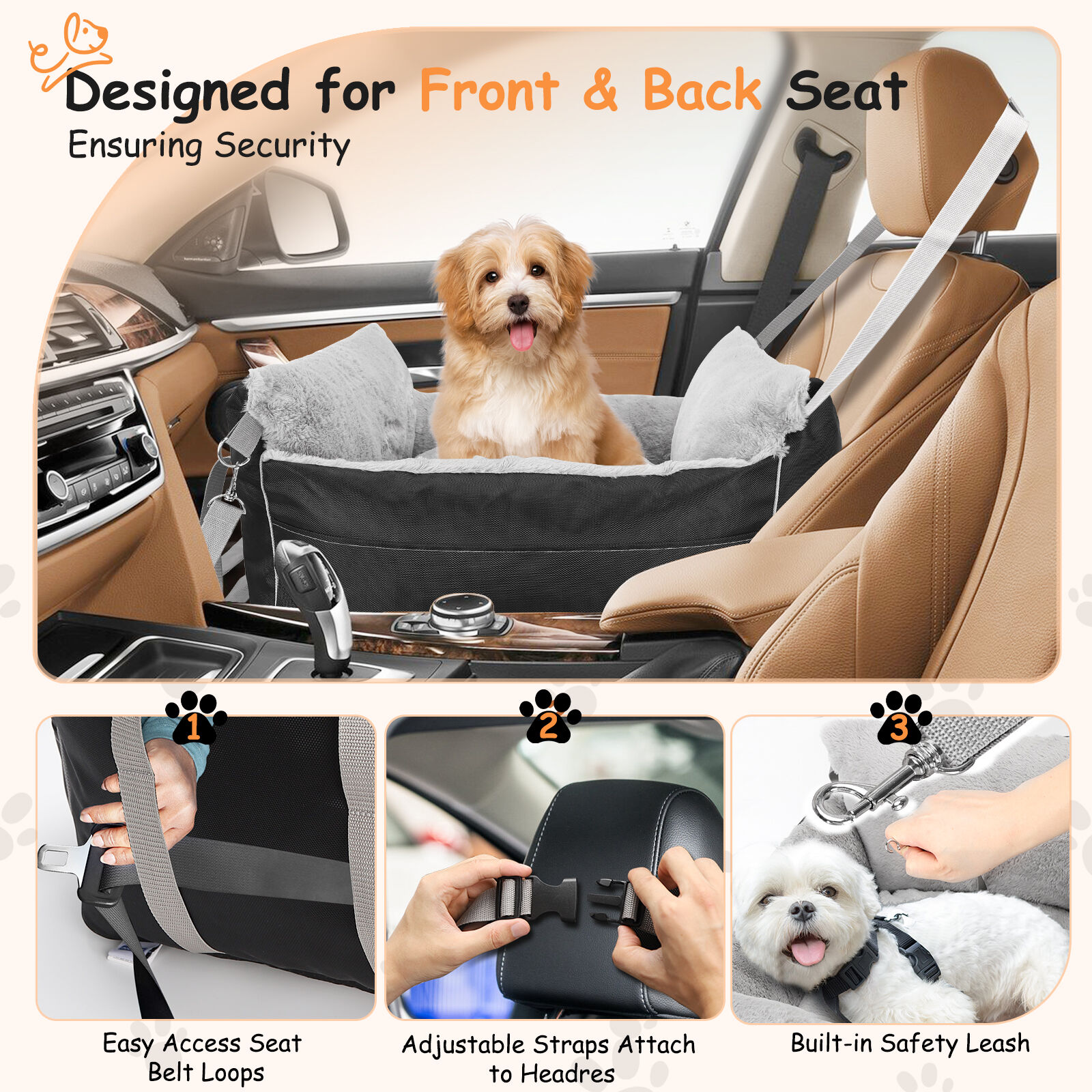 Nobleza Asiento de Coche negro con Cojín Reversible y Bolsa de Almacenamiento para Perros Pequeños thumbnail