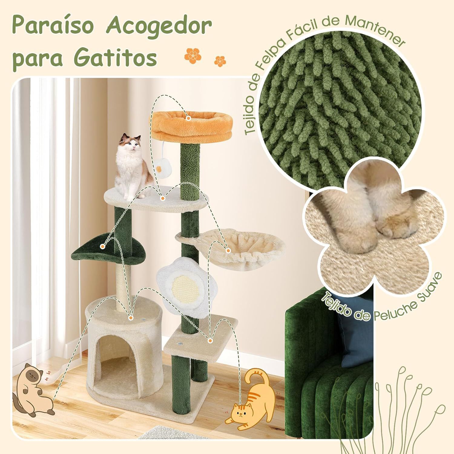 COSTWAY Rascador para Gatos en Forma de Flor, Árbol para Gatos 114cm con Percha Acolchada, Poste y Tablero Rascador de Sisal, Bola Colgante, Hamaca, Centro de Actividades Versátil para Mascotas thumbnail