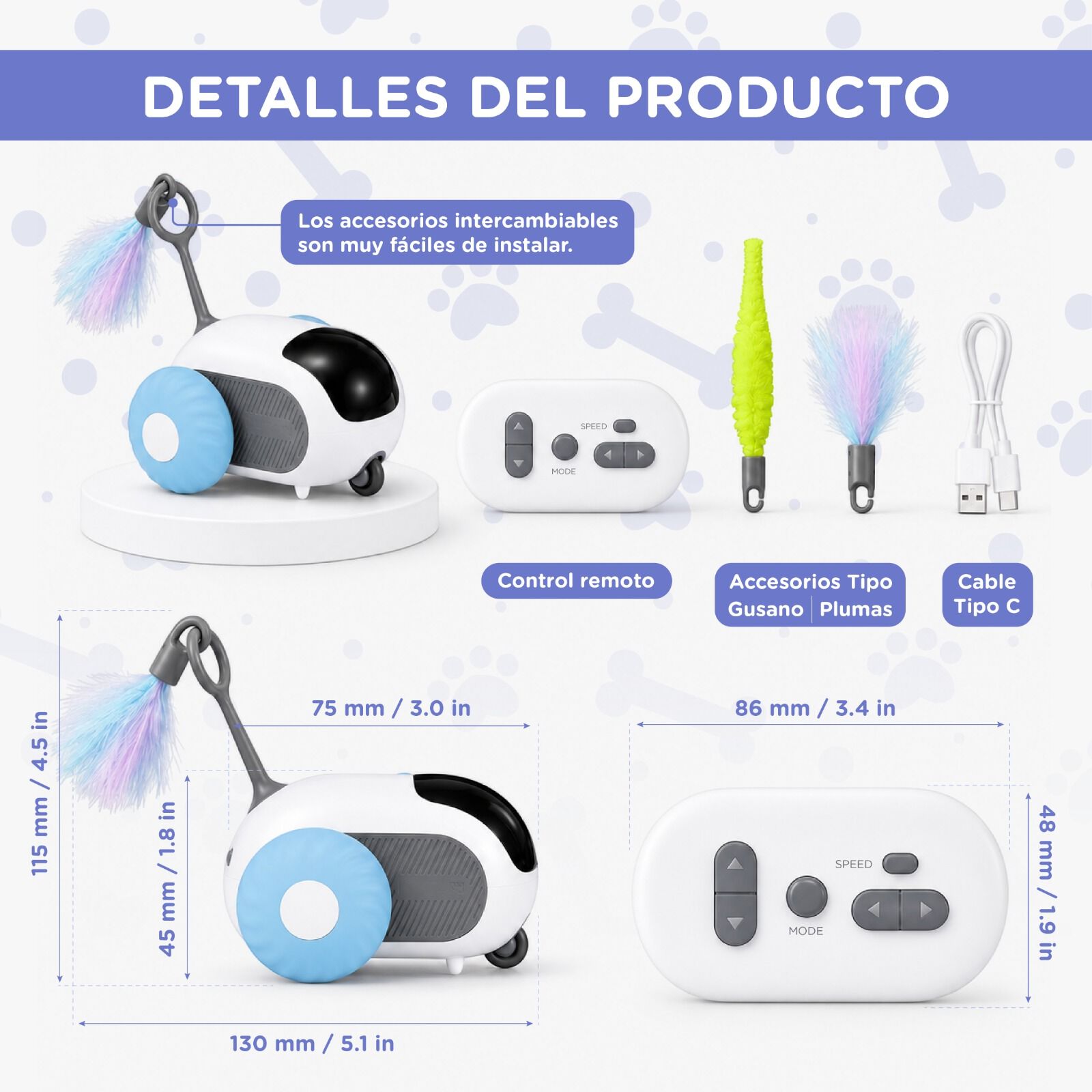 Rat&oacute;n interactivo inteligente para gatos TheKingPet TurboMouse Tail 2.0 con control remoto, USB y 3 colas, , large Imagen numero 3